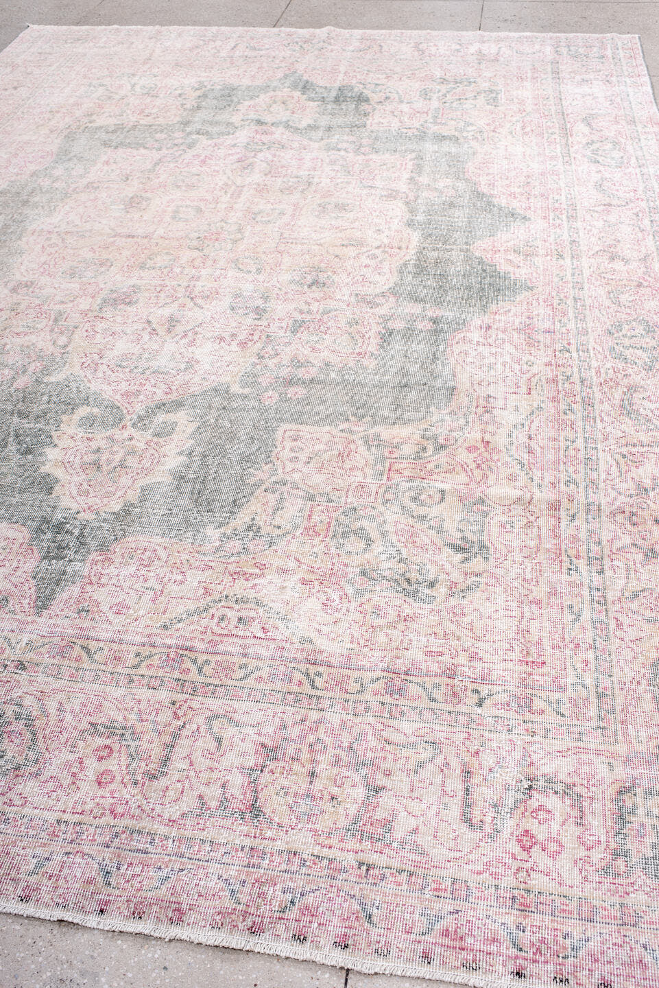 9' x 13' one-of-a-kind handmade vintage Sparta large size rug. Color palette: gray, blush, ivory, pale blue, taupe, rose