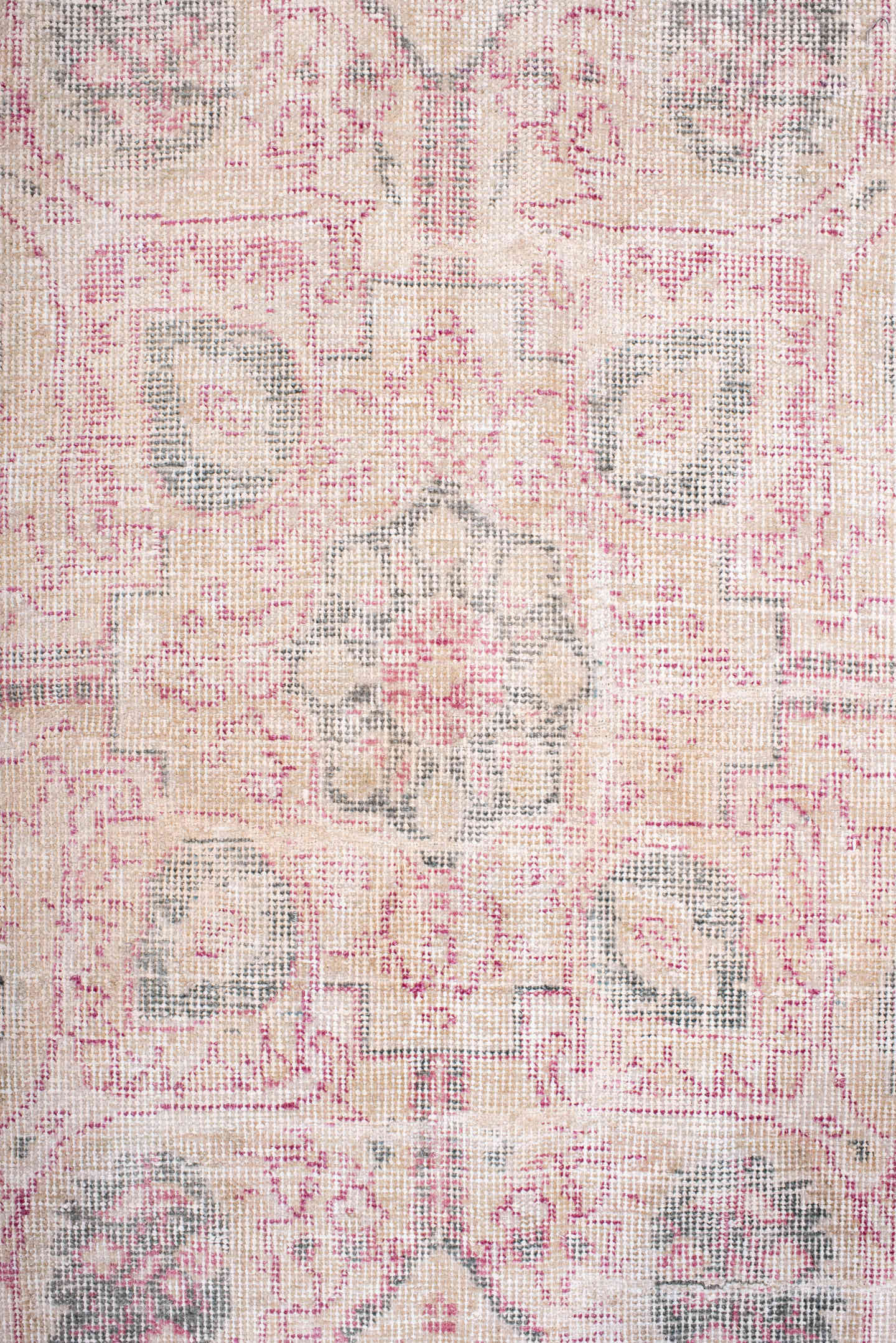 9' x 13' one-of-a-kind handmade vintage Sparta large size rug. Color palette: gray, blush, ivory, pale blue, taupe, rose