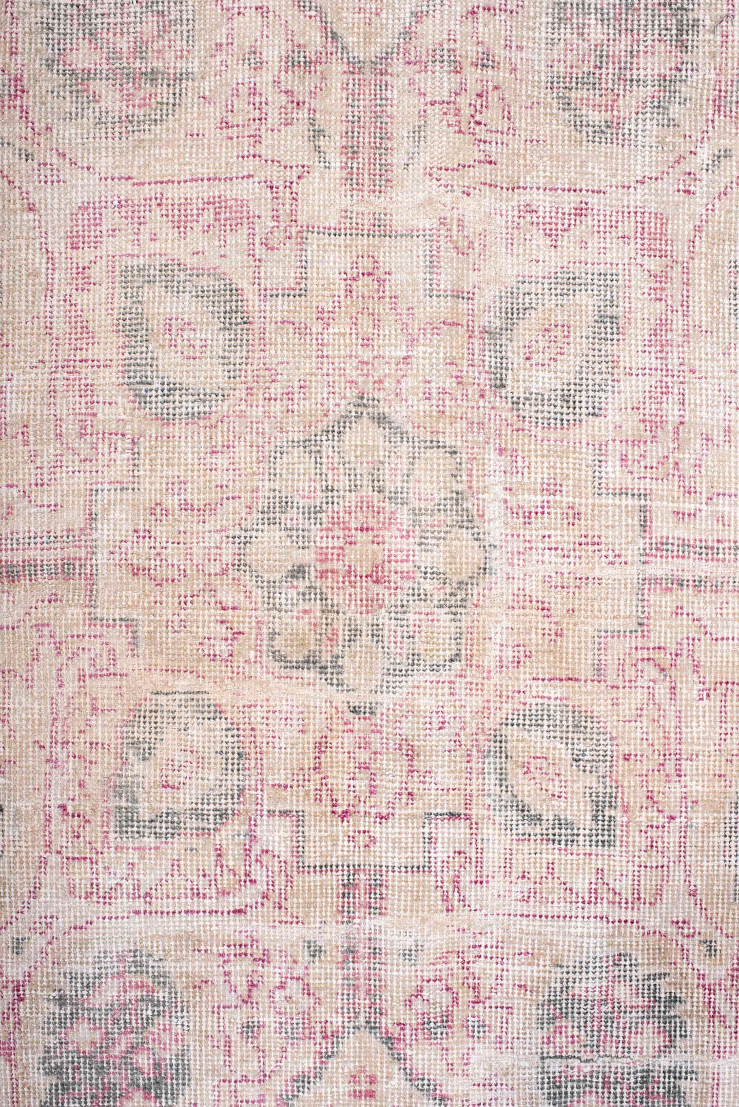 9' x 13' one-of-a-kind handmade vintage Sparta large size rug. Color palette: gray, blush, ivory, pale blue, taupe, rose