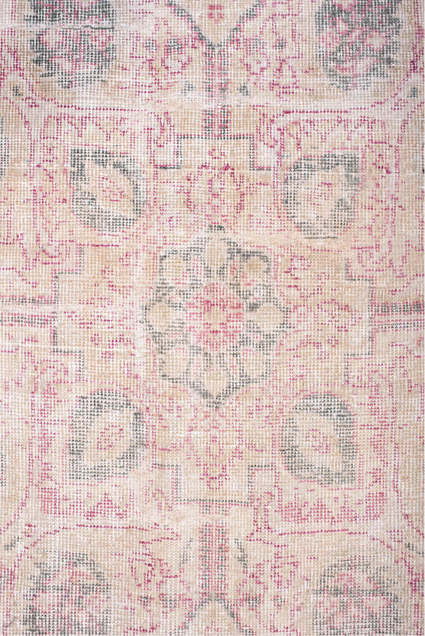 9' x 13' one-of-a-kind handmade vintage Sparta large size rug. Color palette: gray, blush, ivory, pale blue, taupe, rose