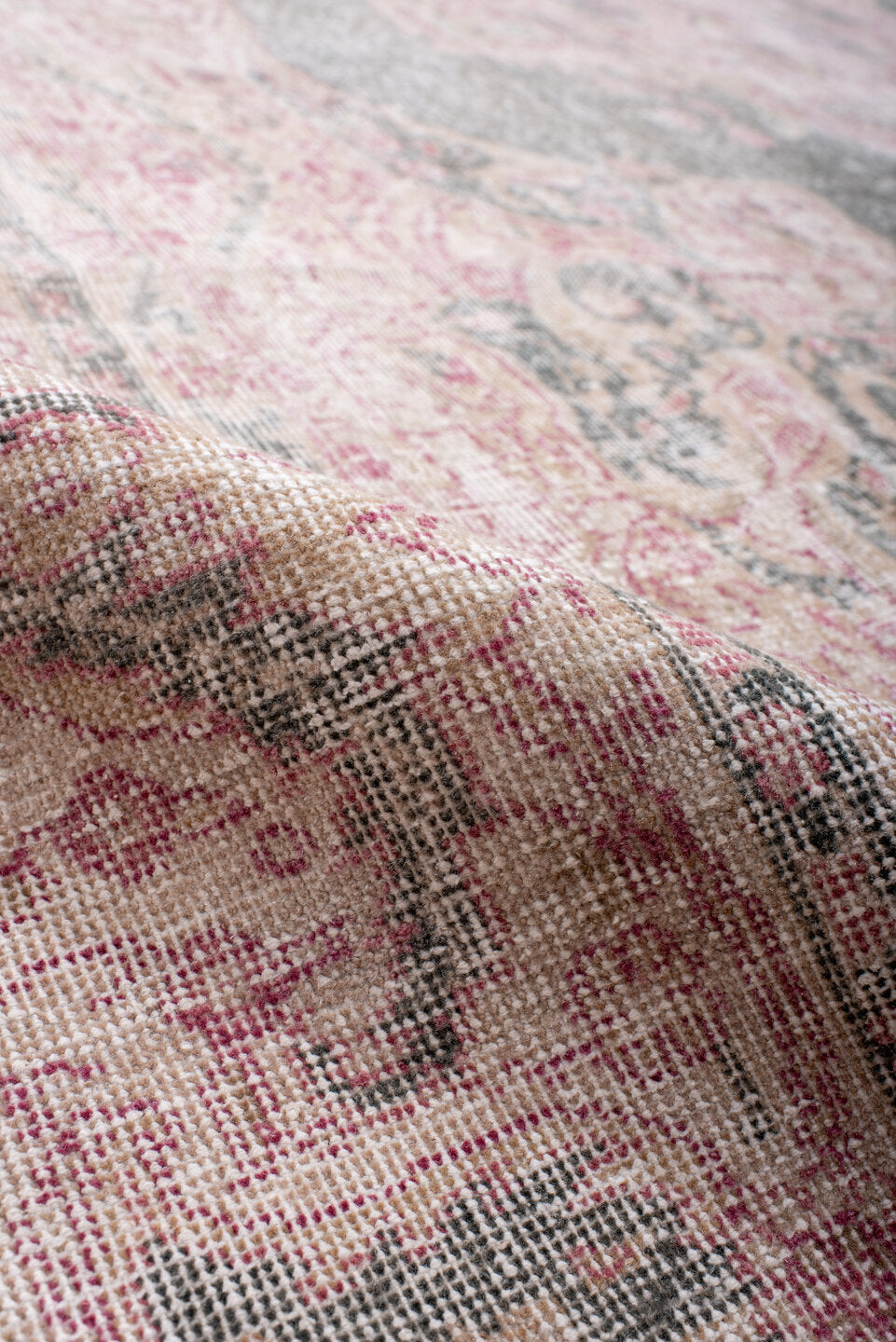 9' x 13' one-of-a-kind handmade vintage Sparta large size rug. Color palette: dark gray, gray, light gray, off-white, pink