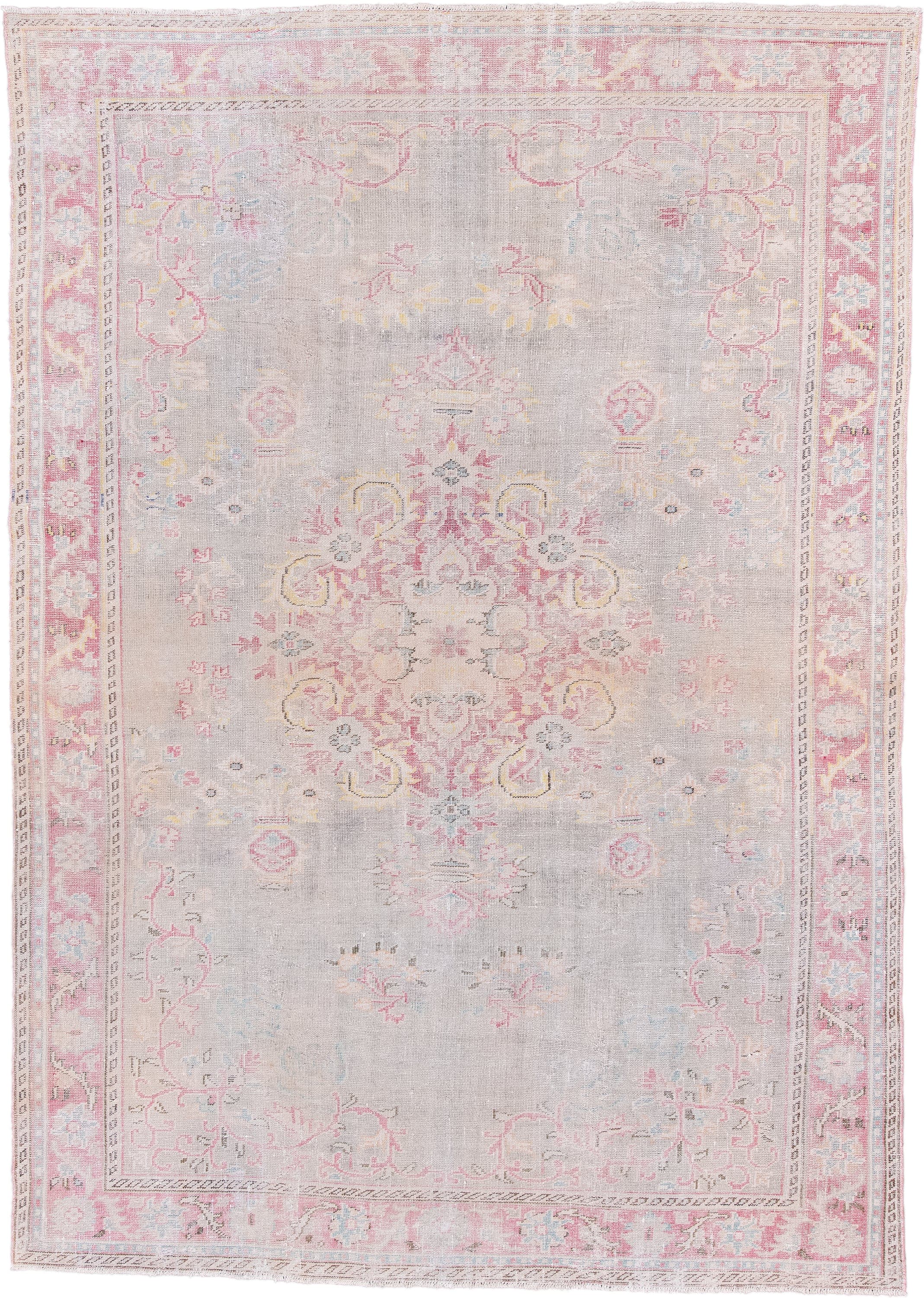 8' x 11' one-of-a-kind handmade vintage Sparta large size rug. Color palette: blush, light gray, ivory, pale pink