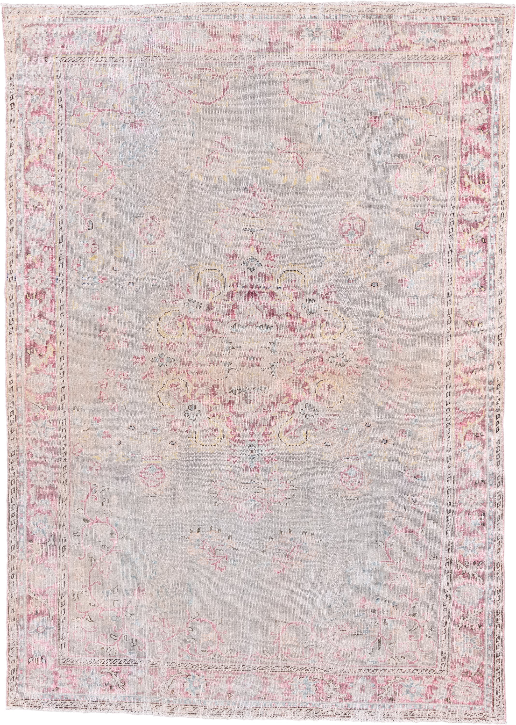 8' x 11' one-of-a-kind handmade vintage Sparta large size rug. Color palette: blush, light gray, ivory, pale pink