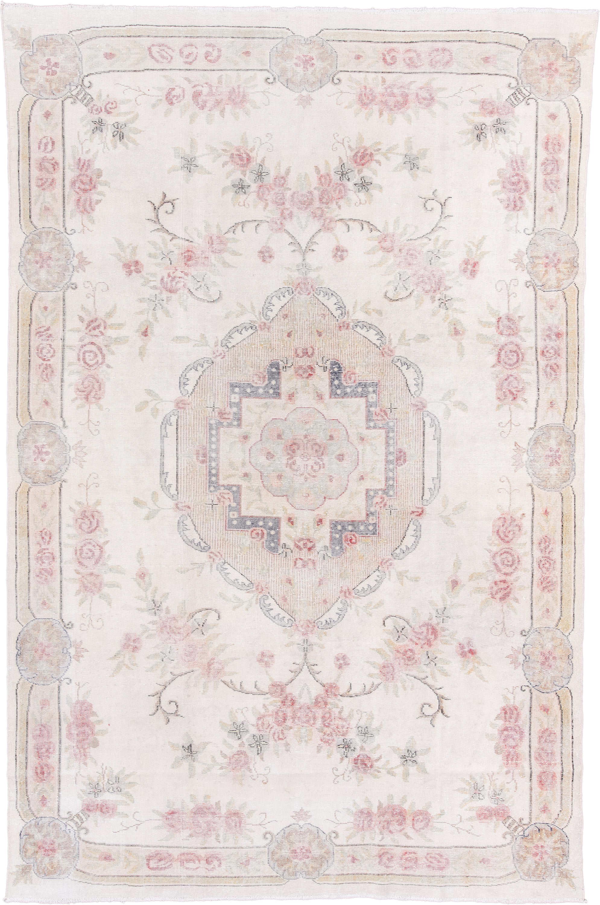 7' x 11' one-of-a-kind handmade vintage Sparta large size rug. Color palette: ivory, blush, beige, pale gray, soft blue