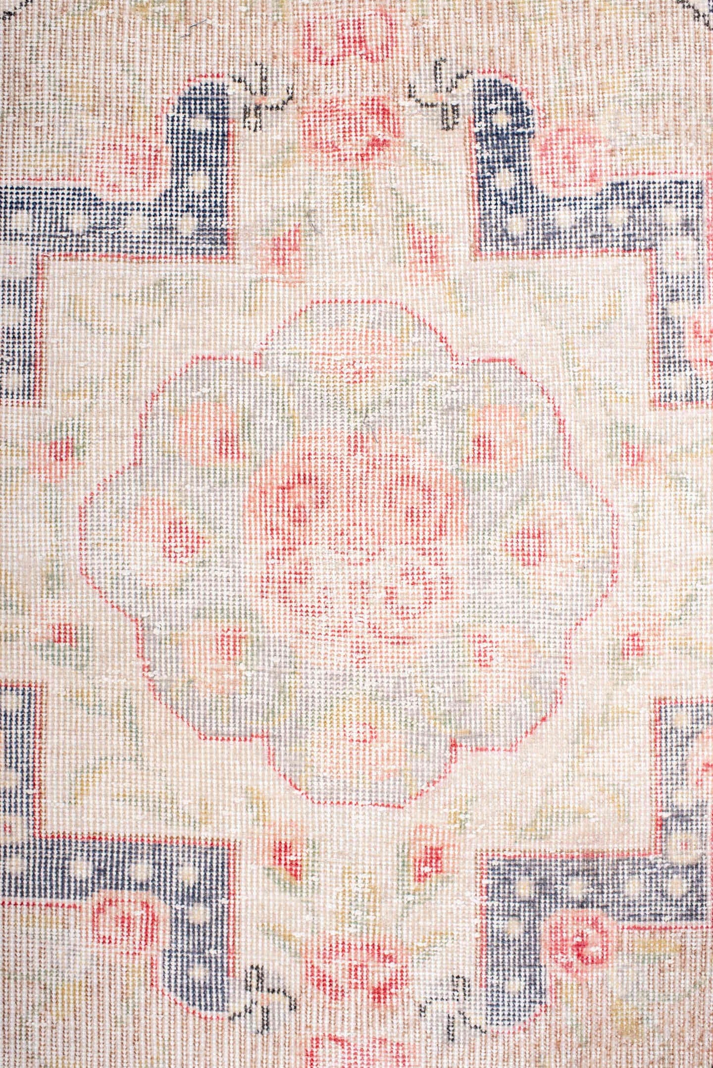 7' x 11' one-of-a-kind handmade vintage Sparta large size rug. Color palette: ivory, blush, beige, pale gray, soft blue
