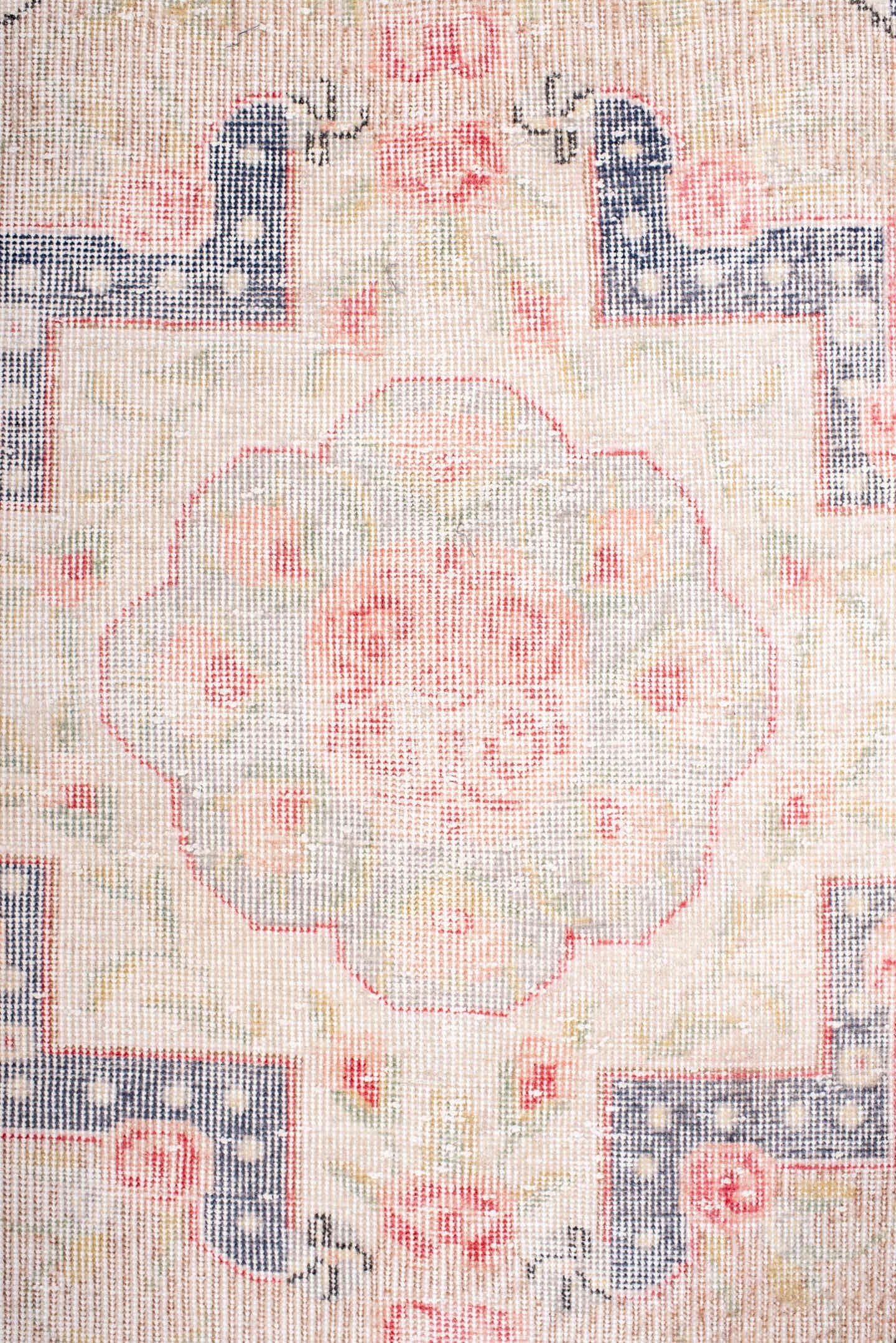 7' x 11' one-of-a-kind handmade vintage Sparta large size rug. Color palette: ivory, blush, beige, pale gray, soft blue