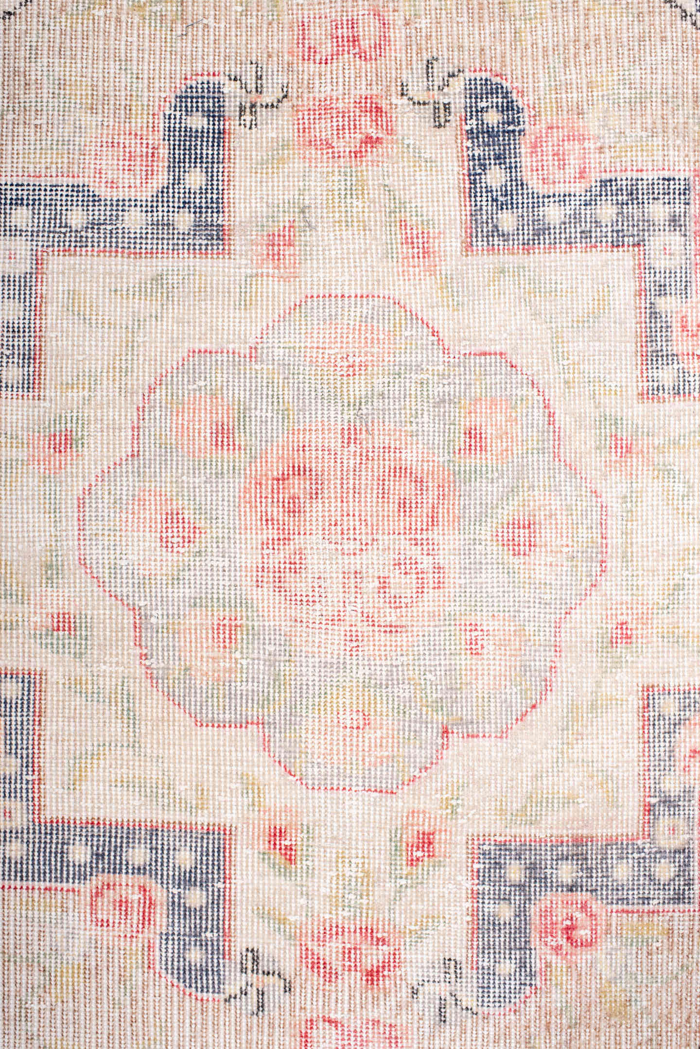 7' x 11' one-of-a-kind handmade vintage Sparta large size rug. Color palette: ivory, blush, beige, pale gray, soft blue