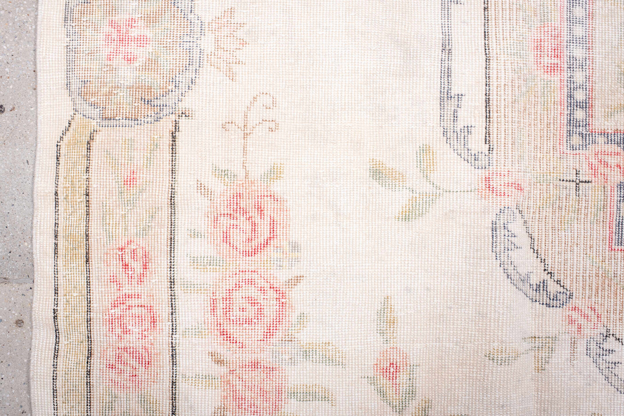 7' x 11' one-of-a-kind handmade vintage Sparta large size rug. Color palette: ivory, blush, beige, pale gray, soft blue