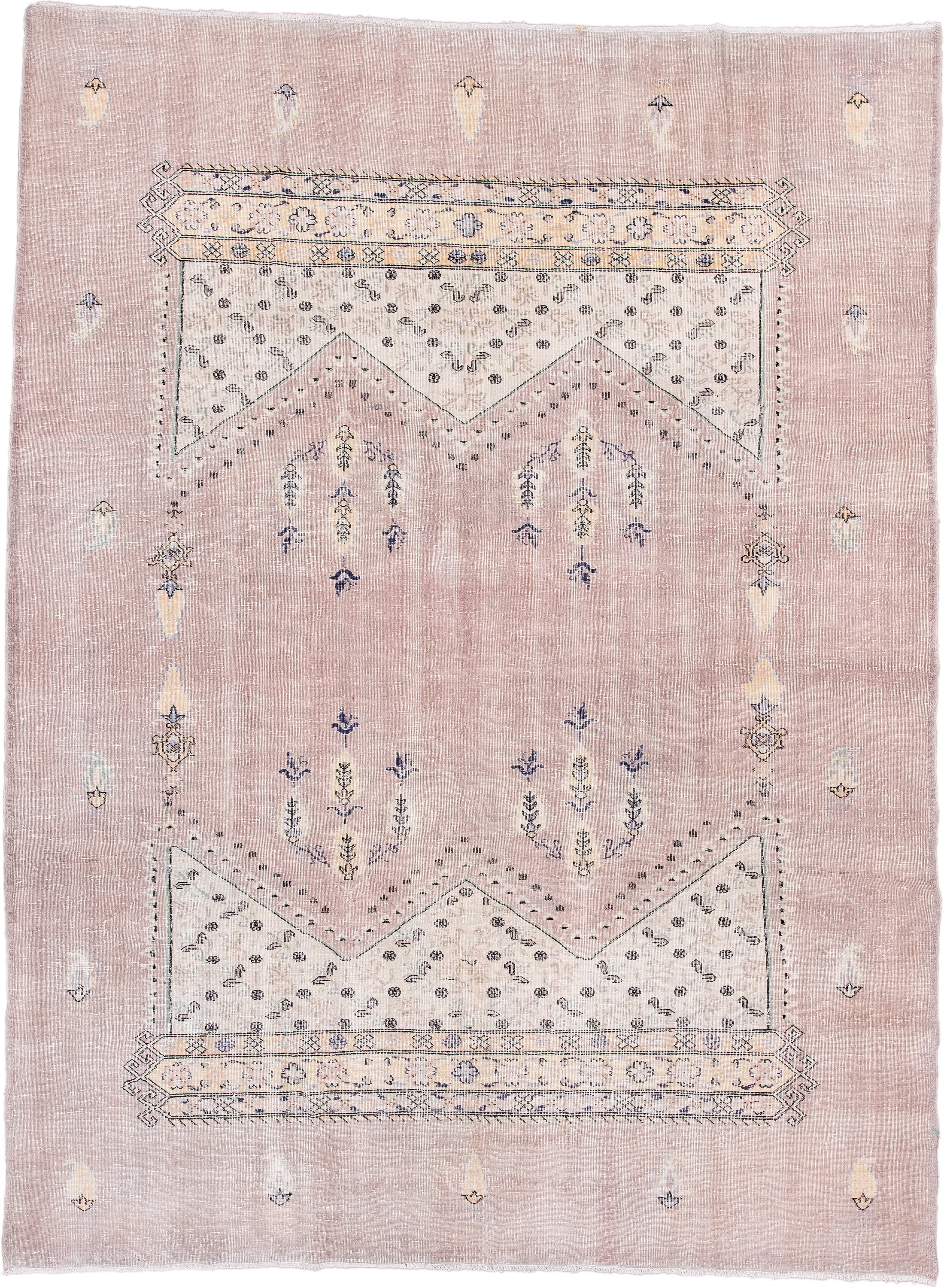 8' x 10' one-of-a-kind handmade vintage Sparta large size rug. Color palette: blush, ivory, charcoal, taupe, cream, slate
