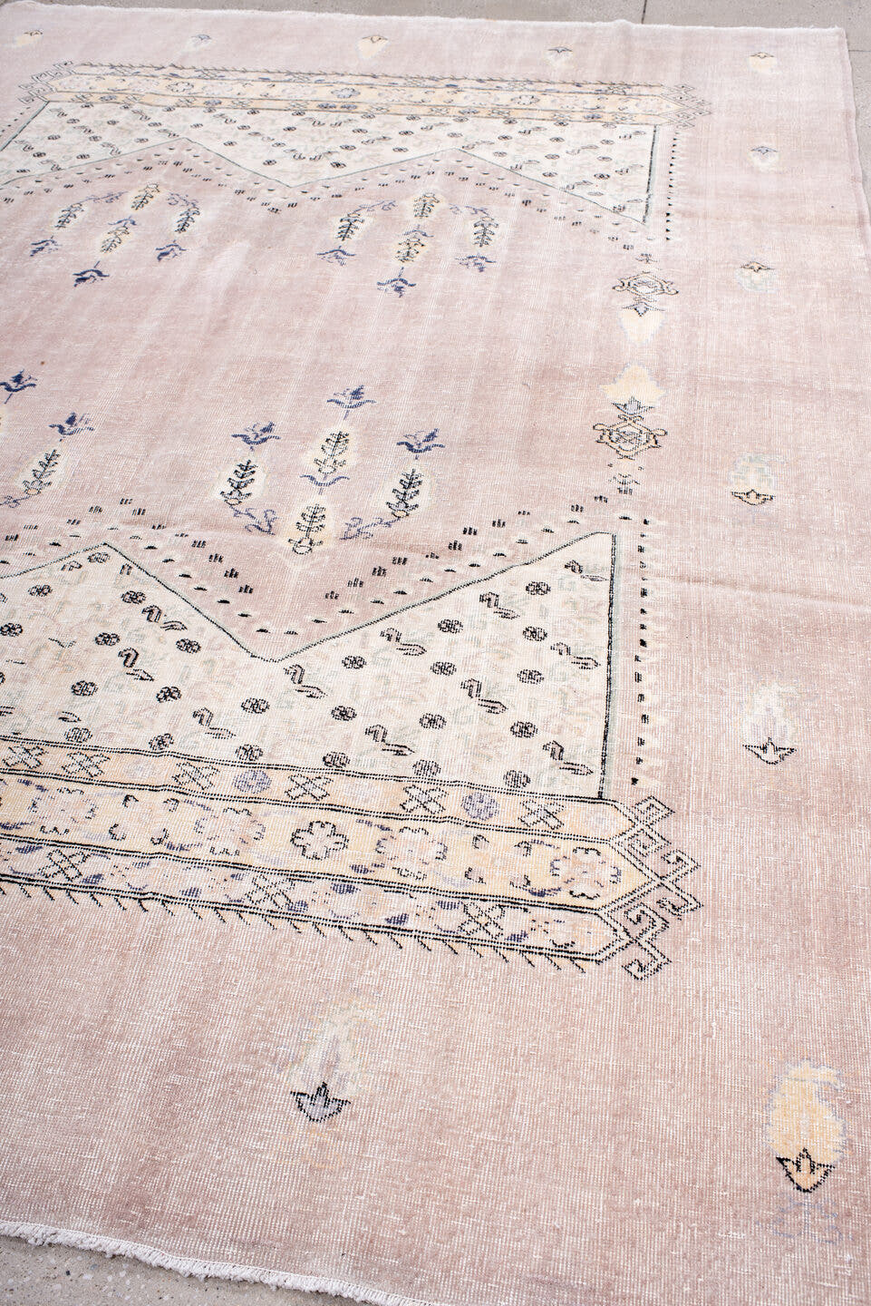 8' x 10' one-of-a-kind handmade vintage Sparta large size rug. Color palette: blush, ivory, charcoal, taupe, cream, slate