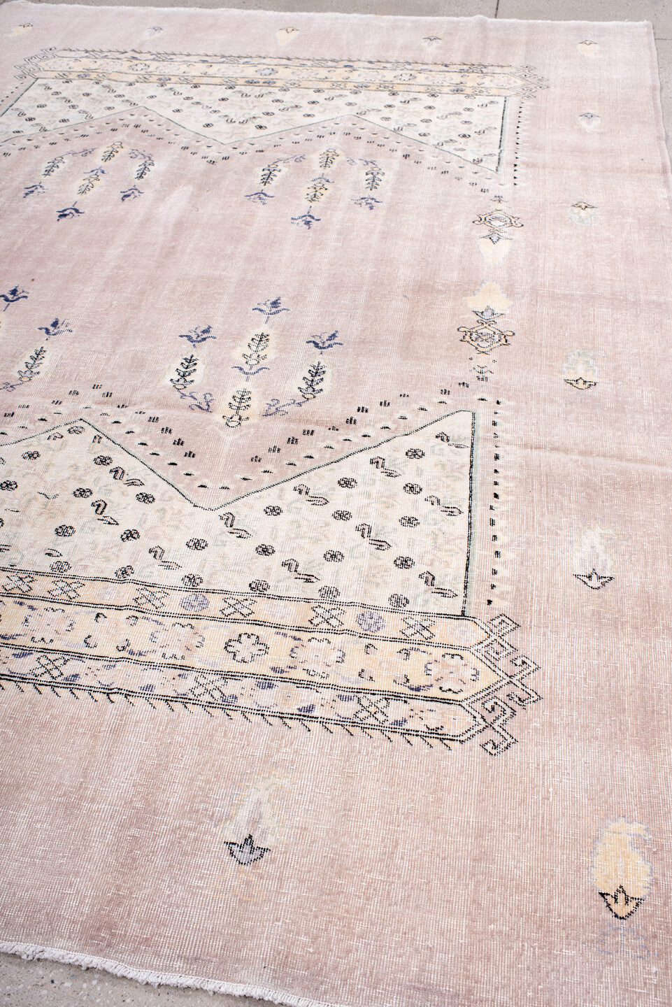 8' x 10' one-of-a-kind handmade vintage Sparta large size rug. Color palette: blush, ivory, charcoal, taupe, cream, slate