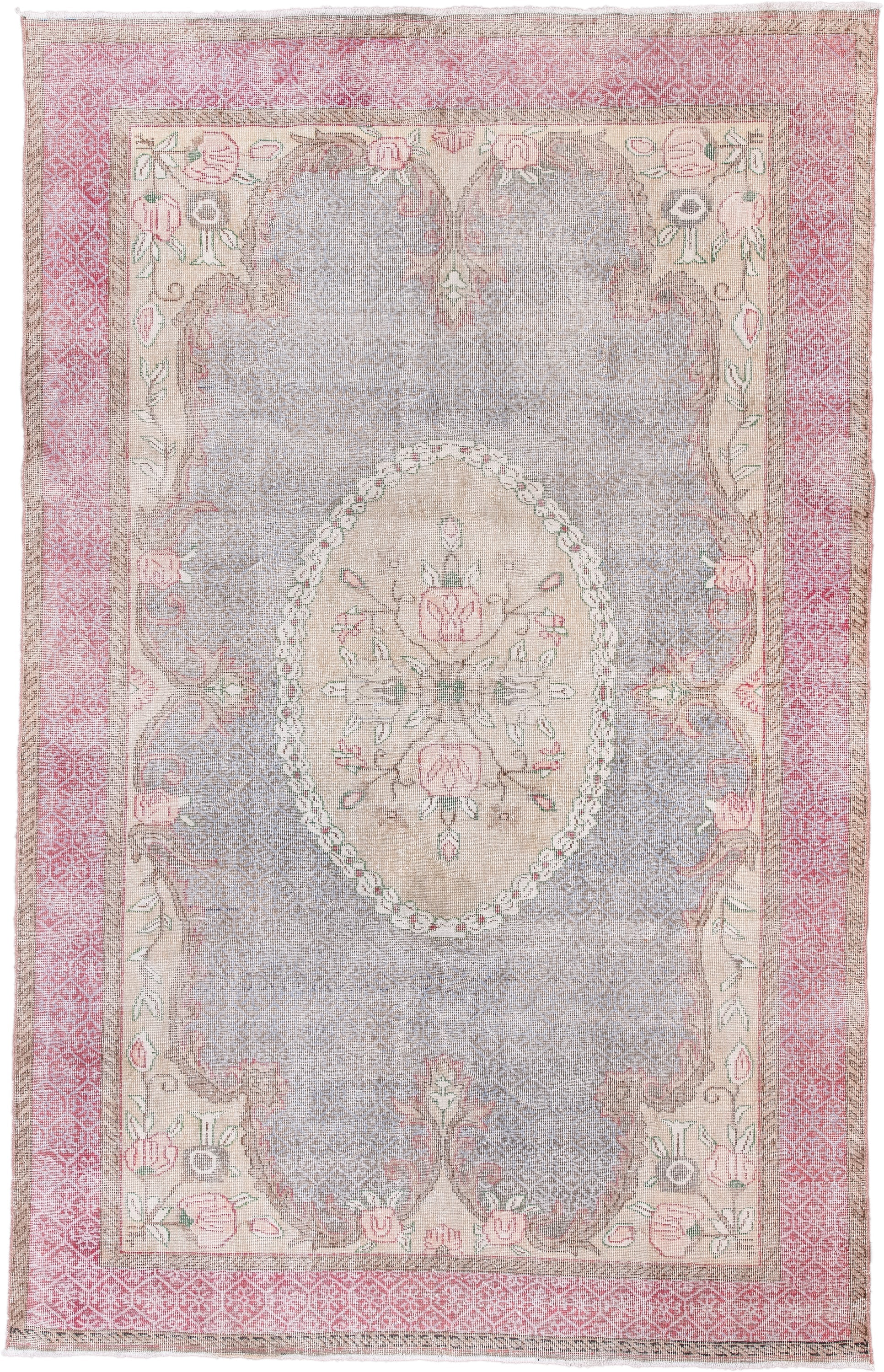 6' x 10' one-of-a-kind handmade vintage Sparta large size rug. Color palette: blush, ivory, taupe, soft gray, rose, sage