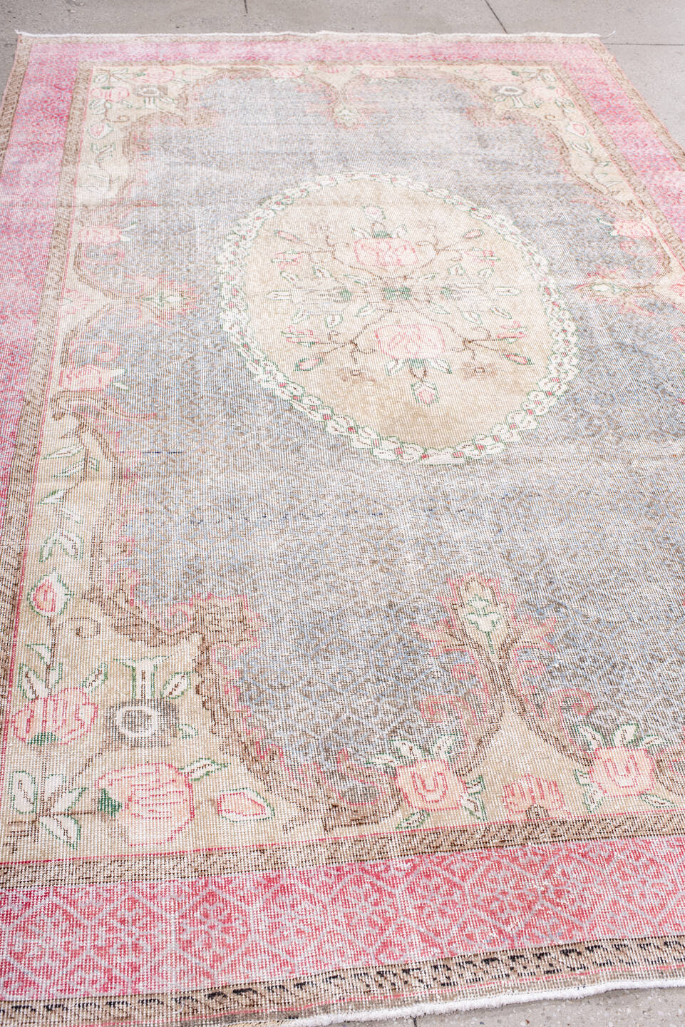 6' x 10' one-of-a-kind handmade vintage Sparta large size rug. Color palette: blush, ivory, taupe, soft gray, rose, sage
