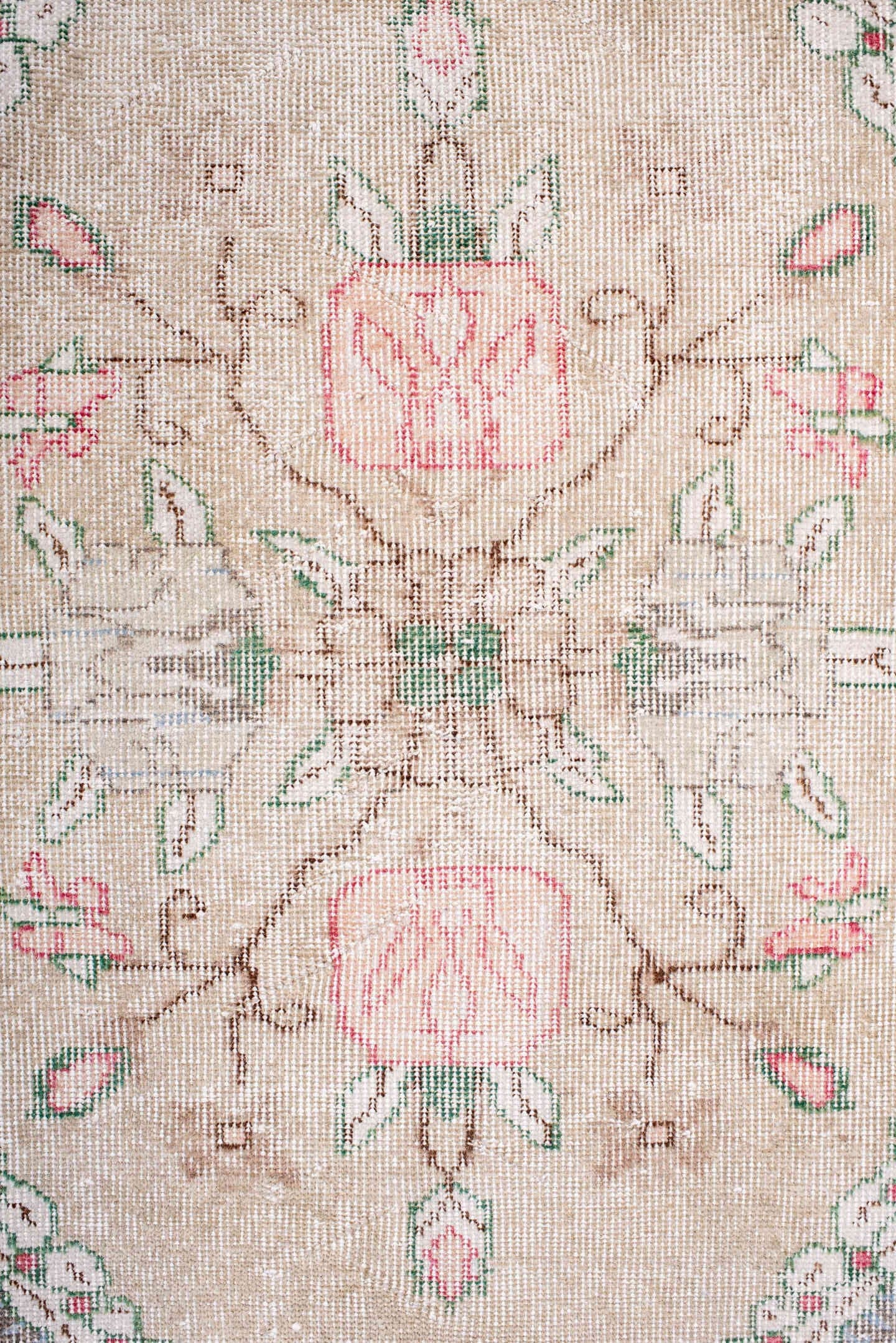 6' x 10' one-of-a-kind handmade vintage Sparta large size rug. Color palette: blush, ivory, taupe, soft gray, rose, sage