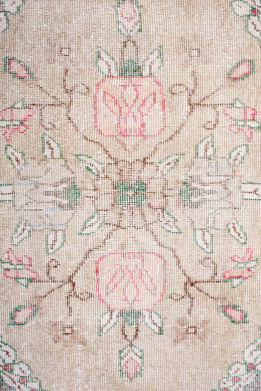 6' x 10' one-of-a-kind handmade vintage Sparta large size rug. Color palette: blush, ivory, taupe, soft gray, rose, sage