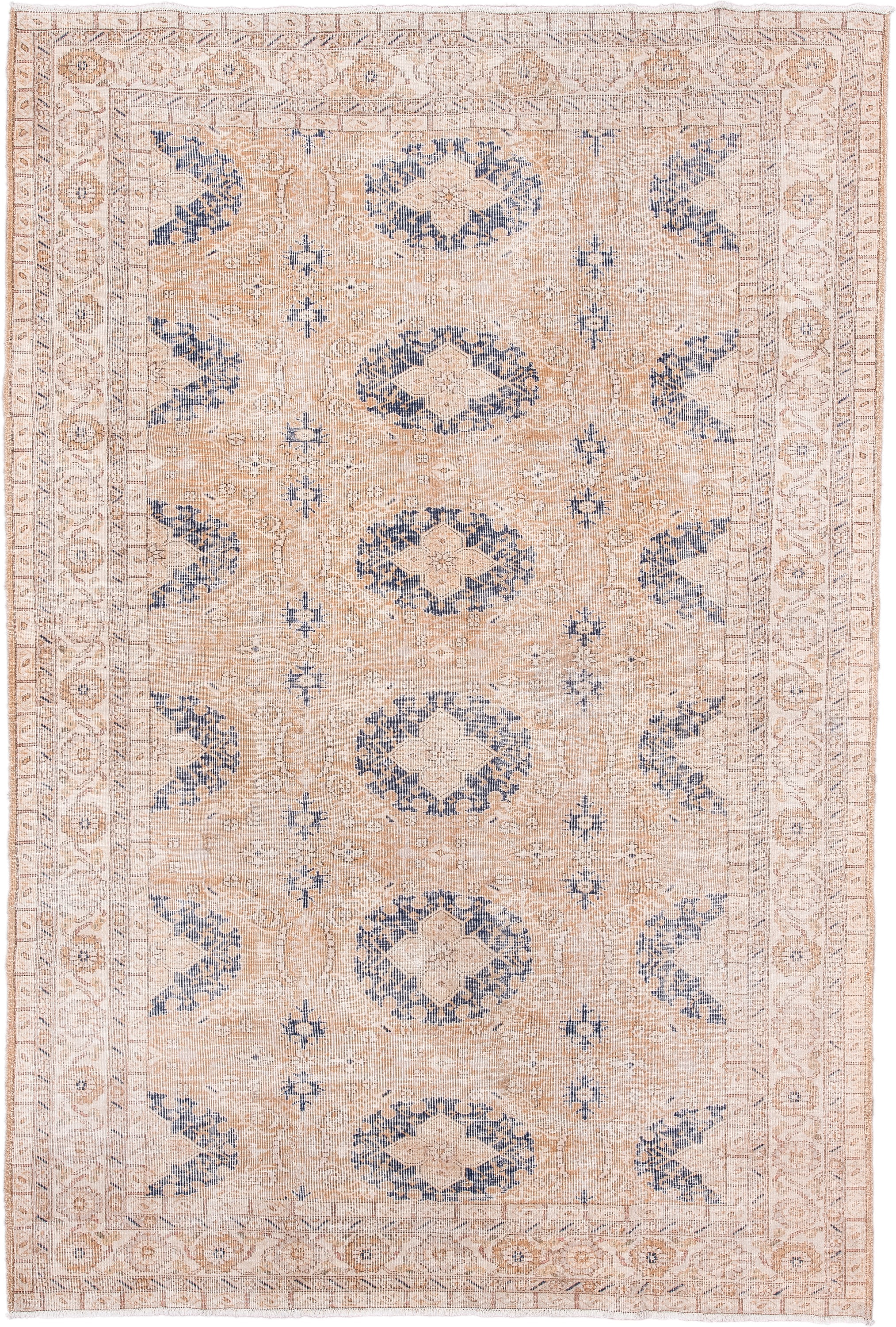 6' x 10' one-of-a-kind handmade vintage Sparta large size rug. Color palette: ivory, peach, beige, indigo, taupe, camel
