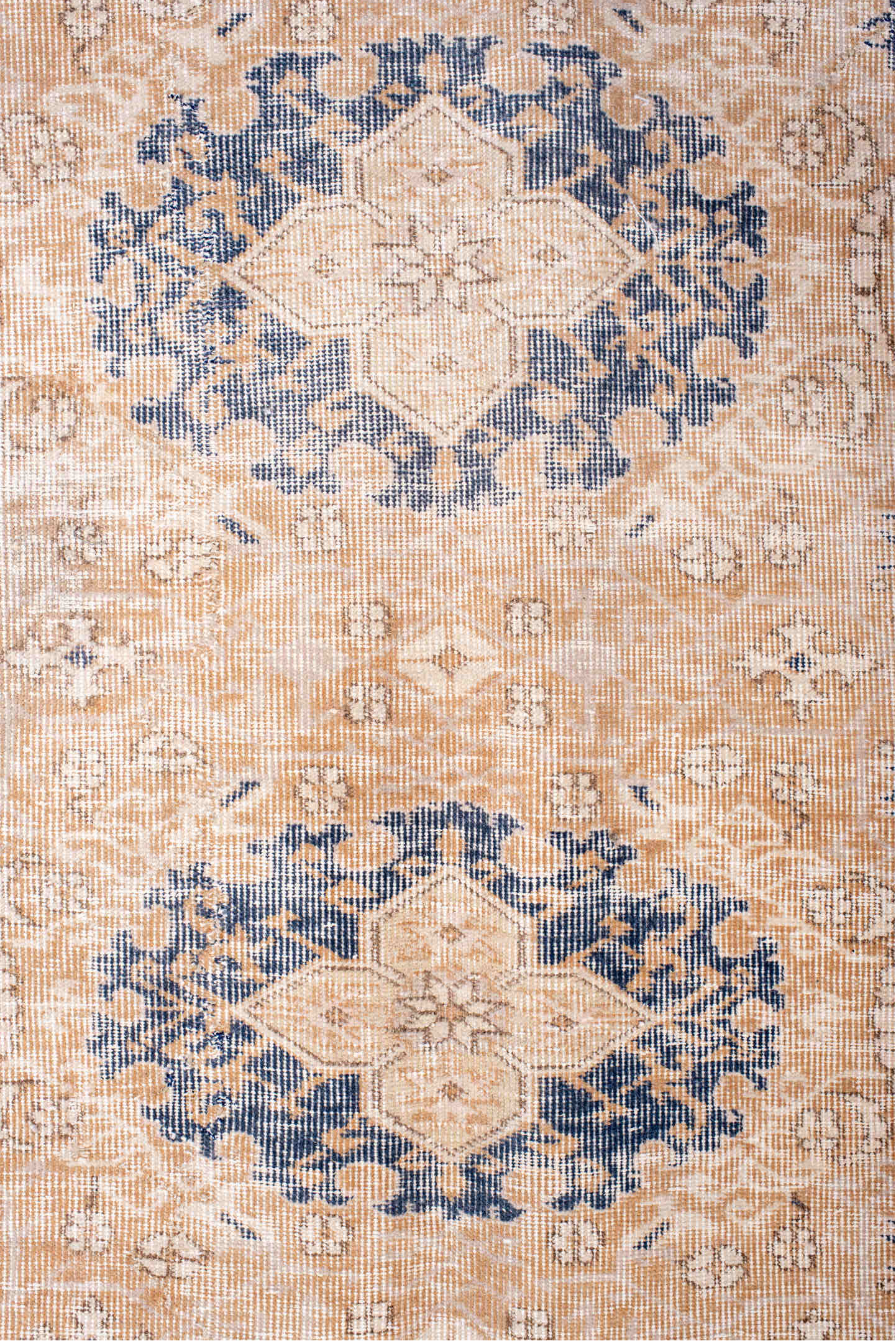 6' x 10' one-of-a-kind handmade vintage Sparta large size rug. Color palette: ivory, peach, beige, indigo, taupe, camel