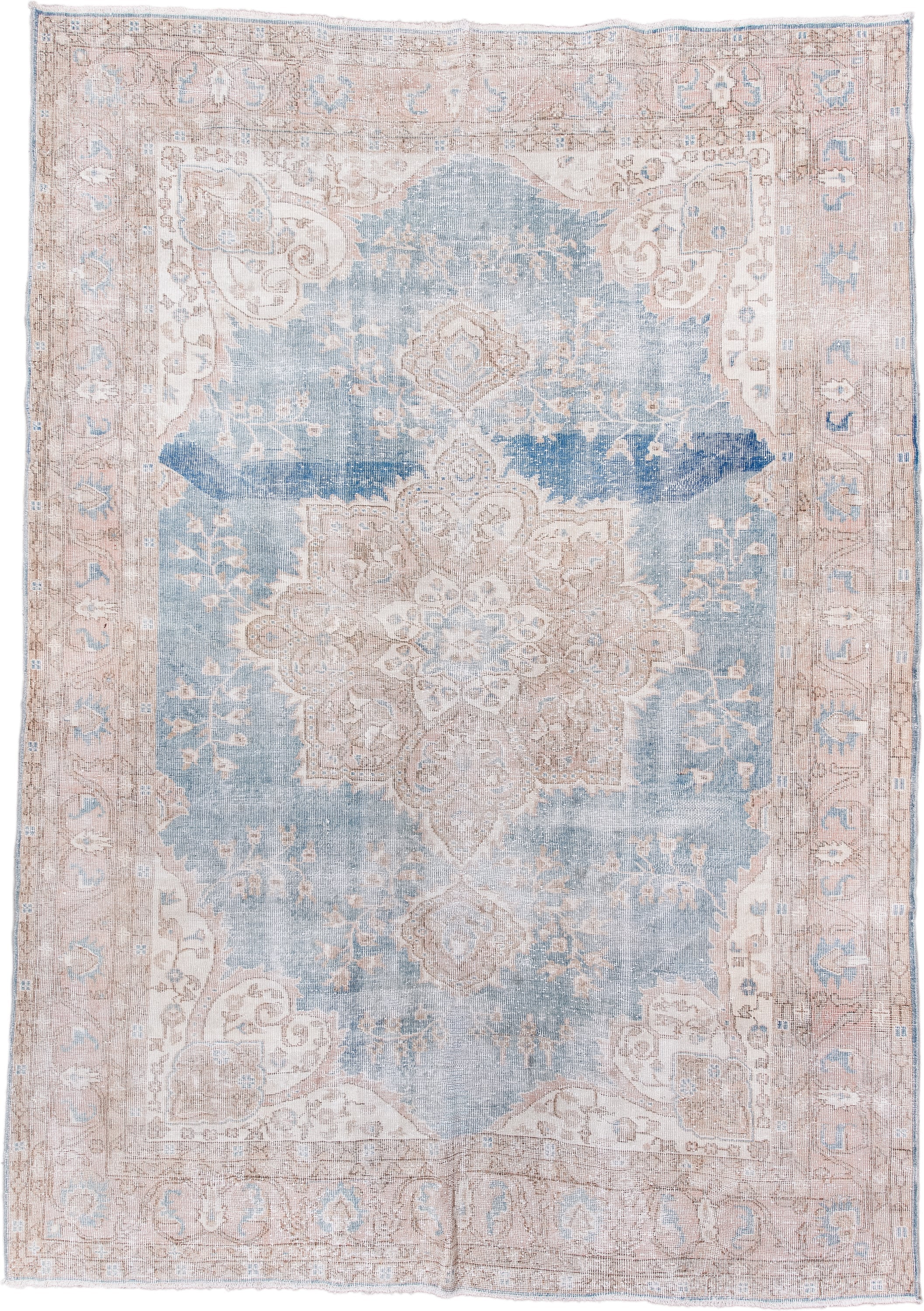 7' x 10' one-of-a-kind handmade vintage Sparta large size rug. Color palette: pale blue, blush, beige, ivory, taupe