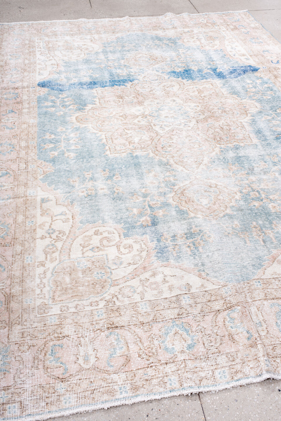 7' x 10' one-of-a-kind handmade vintage Sparta large size rug. Color palette: pale blue, blush, beige, ivory, taupe