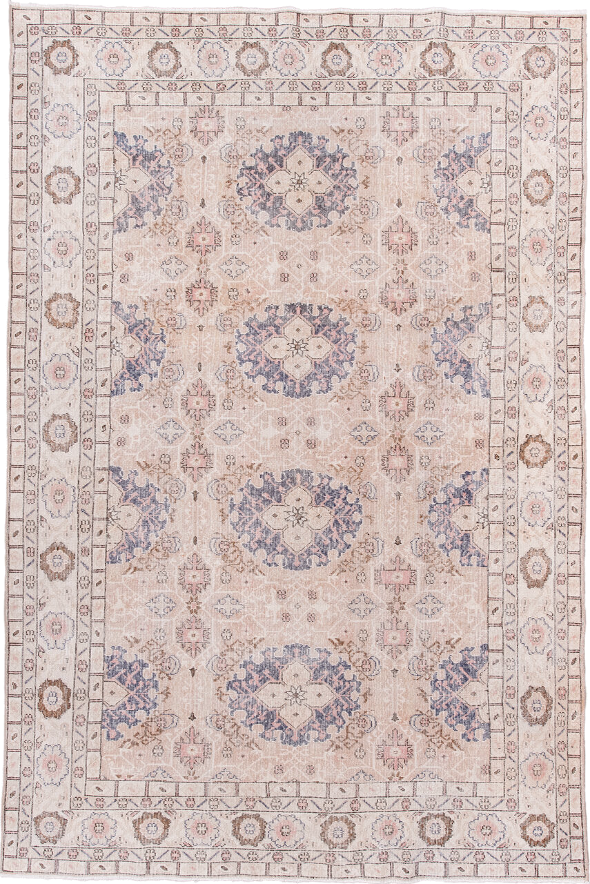 7' x 10' one-of-a-kind handmade vintage Sparta large size rug. Color palette: blush, ivory, powder blue, taupe, rose, camel