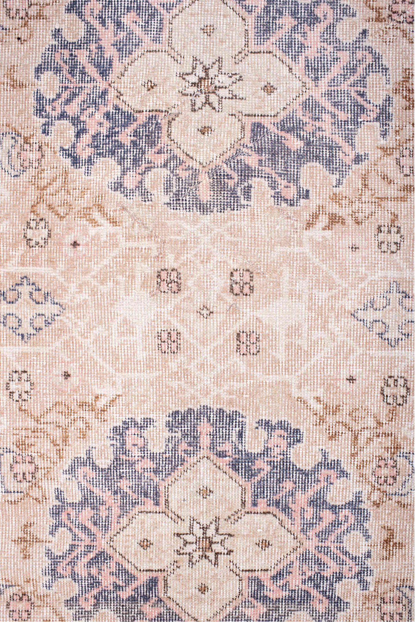 7' x 10' one-of-a-kind handmade vintage Sparta large size rug. Color palette: blush, ivory, powder blue, taupe, rose, camel