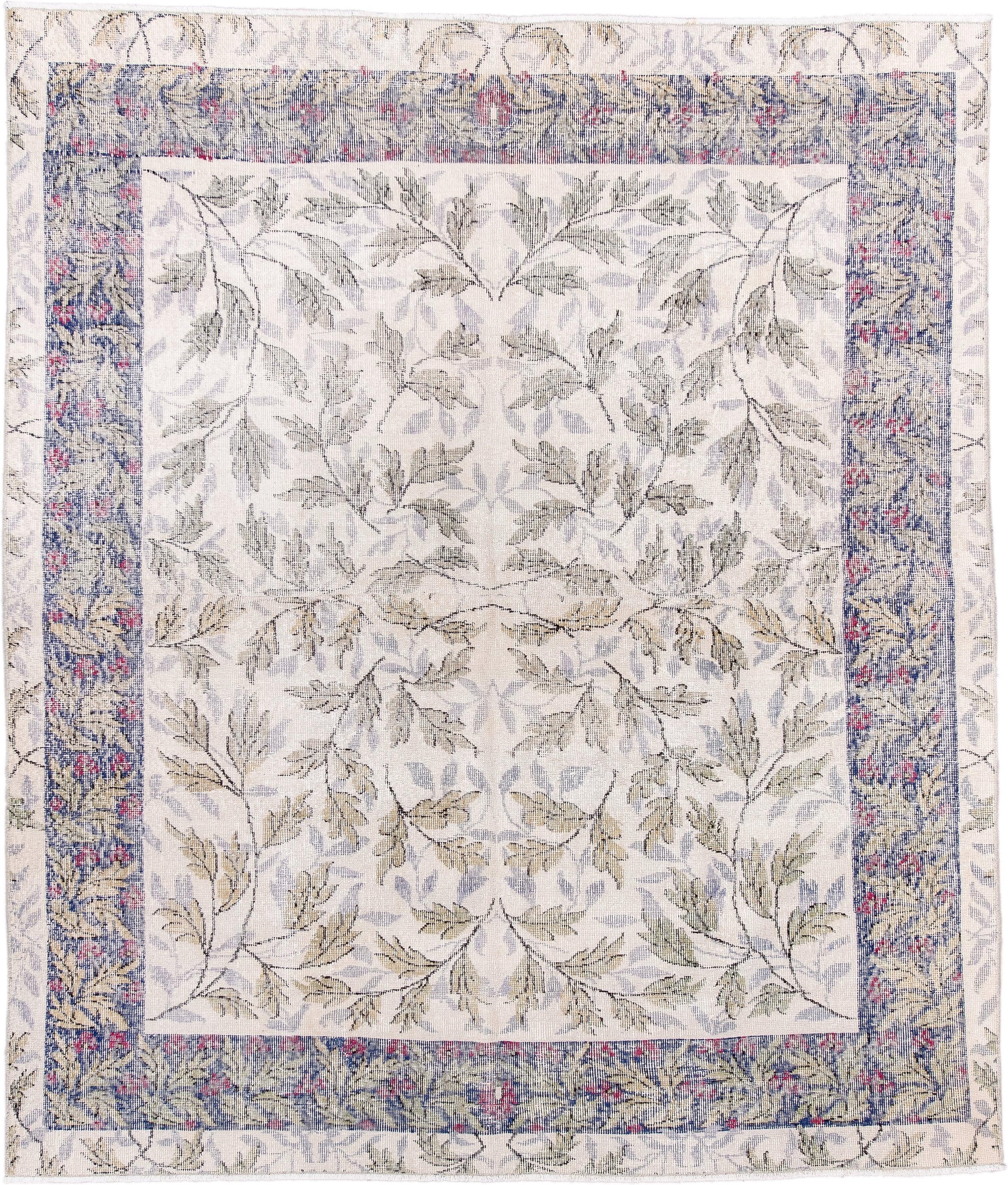 6' x 7' one-of-a-kind handmade vintage Sparta rug. Color palette: ivory, slate, sage, rose, taupe, cream, gray, green, pink