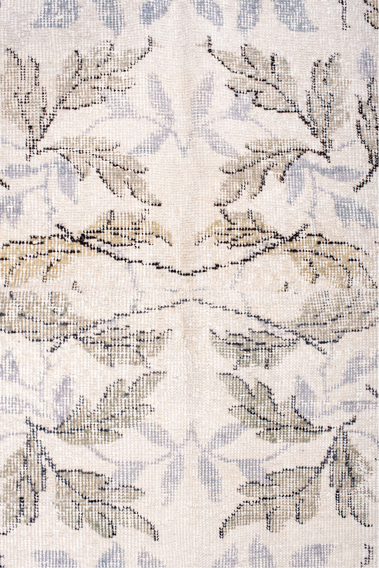 6' x 7' one-of-a-kind handmade vintage Sparta rug. Color palette: ivory, slate, sage, rose, taupe, cream, gray, green, pink