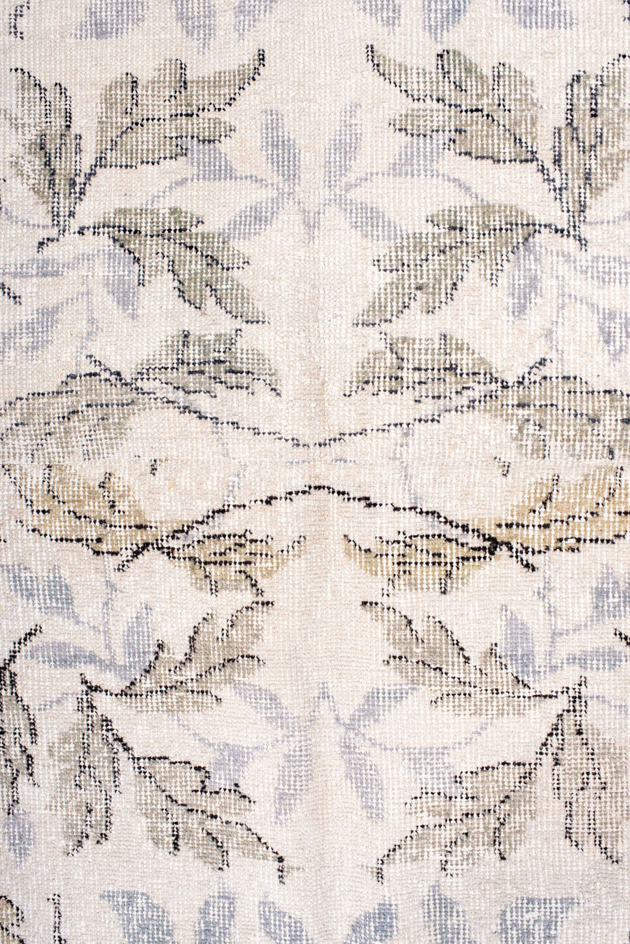 6' x 7' one-of-a-kind handmade vintage Sparta rug. Color palette: ivory, slate, sage, rose, taupe, cream, gray, green, pink