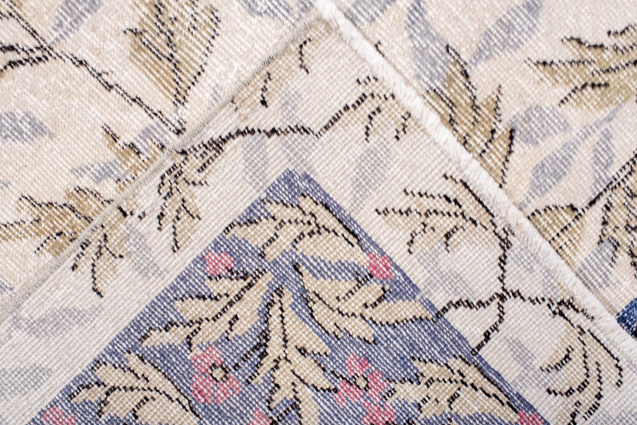 6' x 7' one-of-a-kind handmade vintage Sparta rug. Color palette: ivory, slate, sage, rose, taupe, cream, gray, green, pink