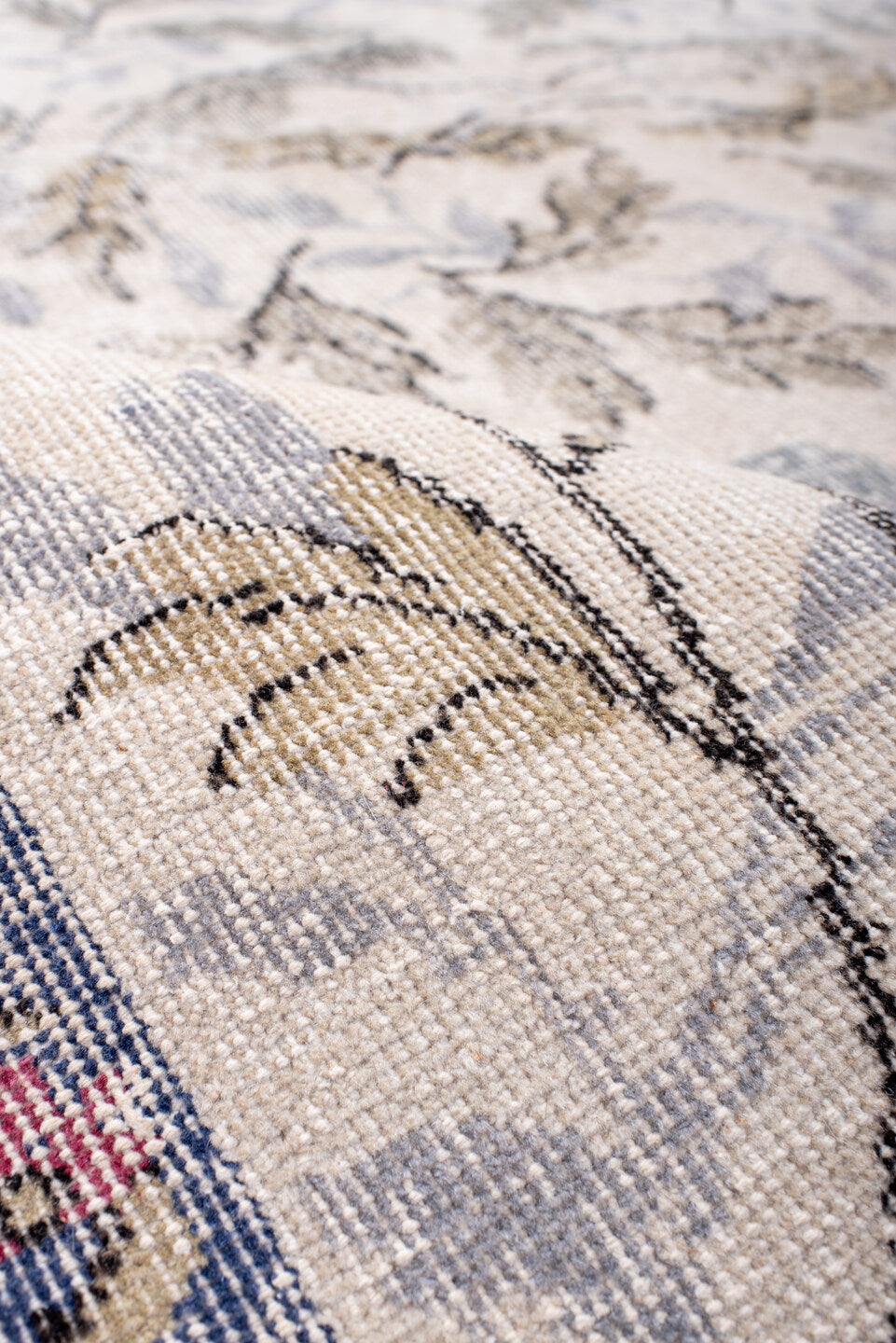 6' x 7' one-of-a-kind handmade vintage Sparta rug. Color palette: ivory, slate, sage, rose, taupe, cream, gray, green, pink