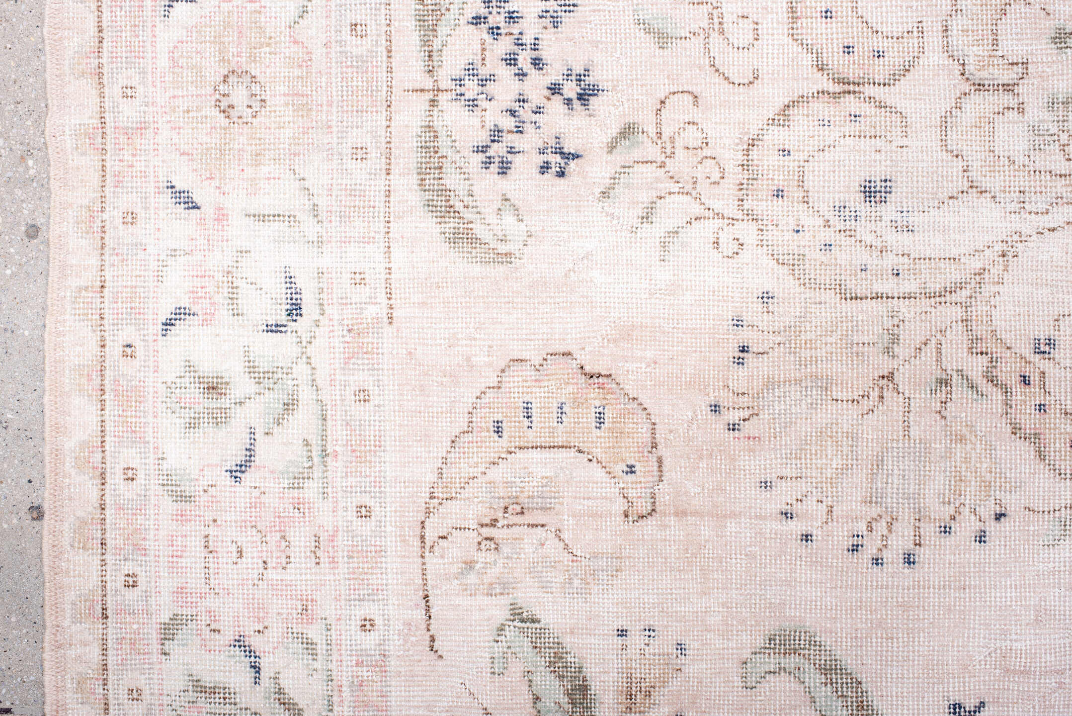 6' x 10' one-of-a-kind handmade vintage Sparta large size rug. Color palette: blush, ivory, pale pink, sage, dusty blue