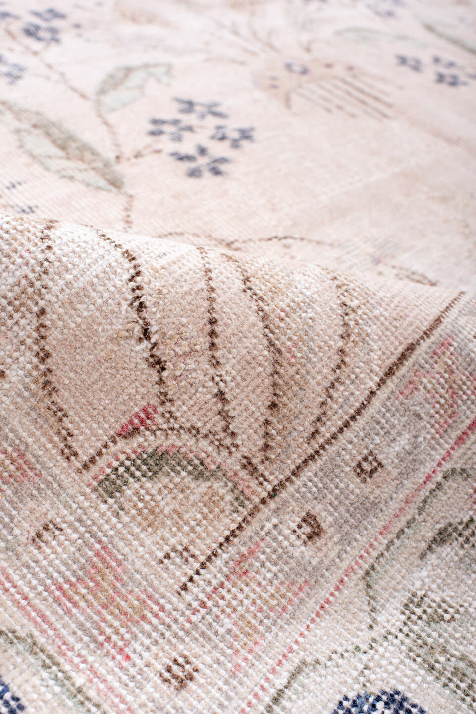 6' x 10' one-of-a-kind handmade vintage Sparta large size rug. Color palette: blush, ivory, pale pink, sage, dusty blue