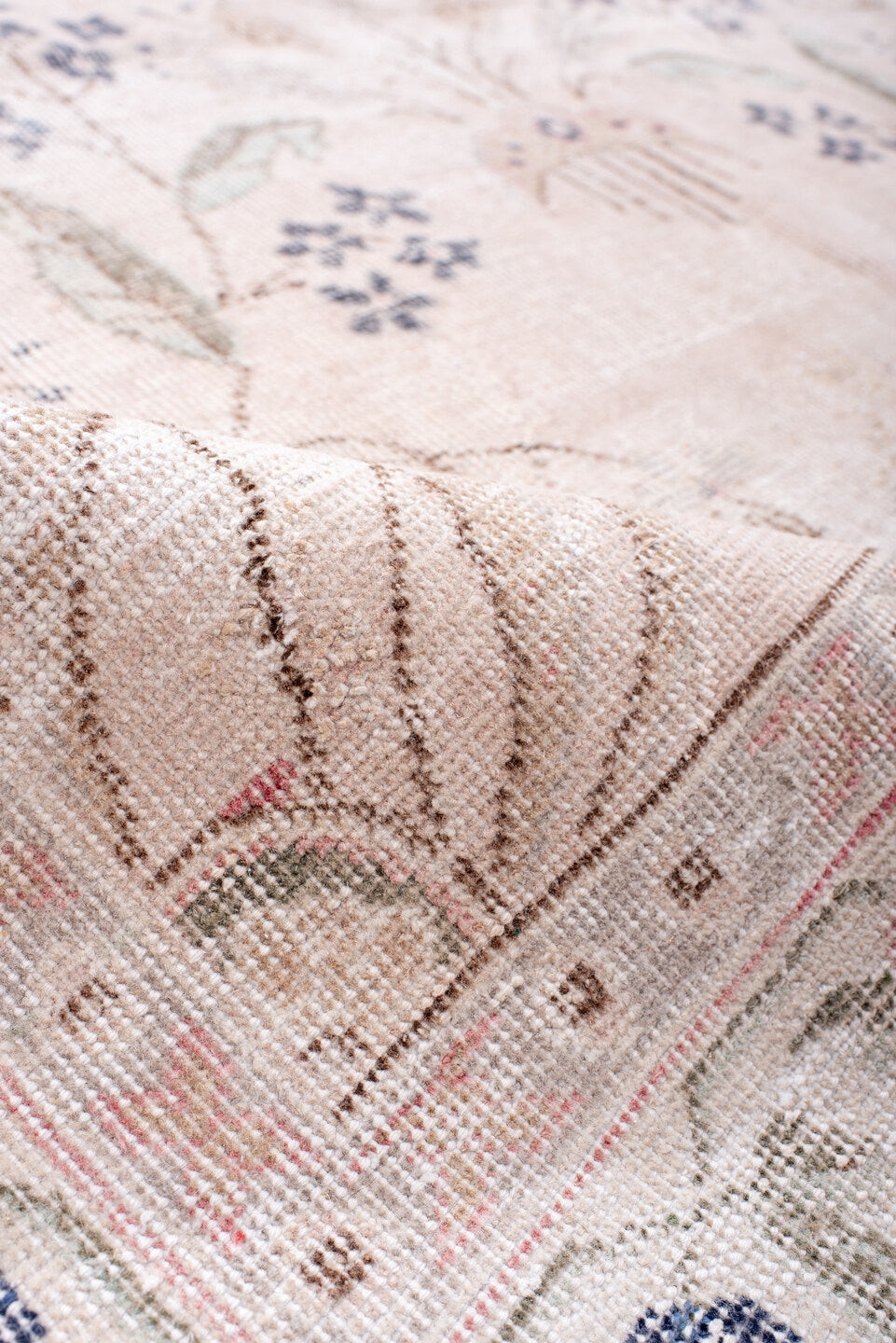 6' x 10' one-of-a-kind handmade vintage Sparta large size rug. Color palette: blush, ivory, pale pink, sage, dusty blue