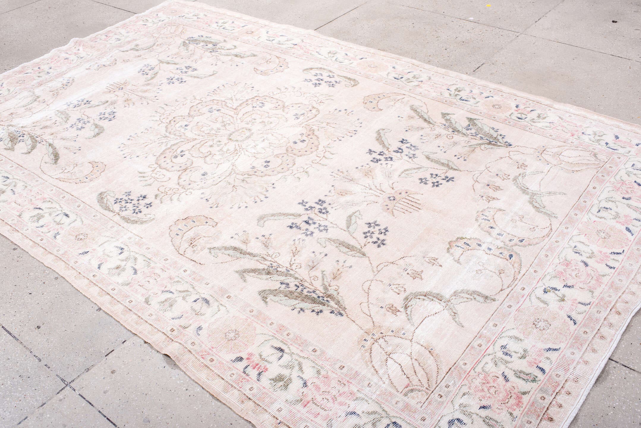 6' x 10' one-of-a-kind handmade vintage Sparta large size rug. Color palette: blush, ivory, pale pink, sage, dusty blue