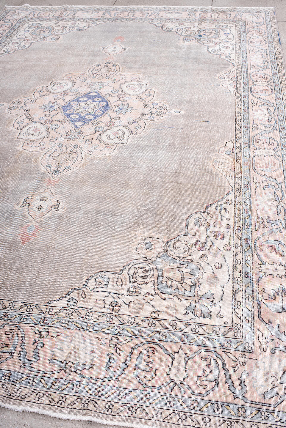 8' x 11' one-of-a-kind handmade vintage Sparta large size rug. Color palette: taupe, ivory, pale blue, blush, sage