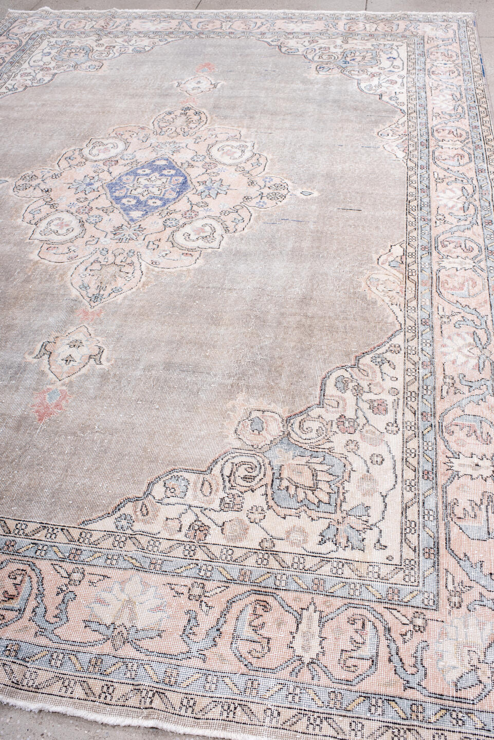 8' x 11' one-of-a-kind handmade vintage Sparta large size rug. Color palette: taupe, ivory, pale blue, blush, sage