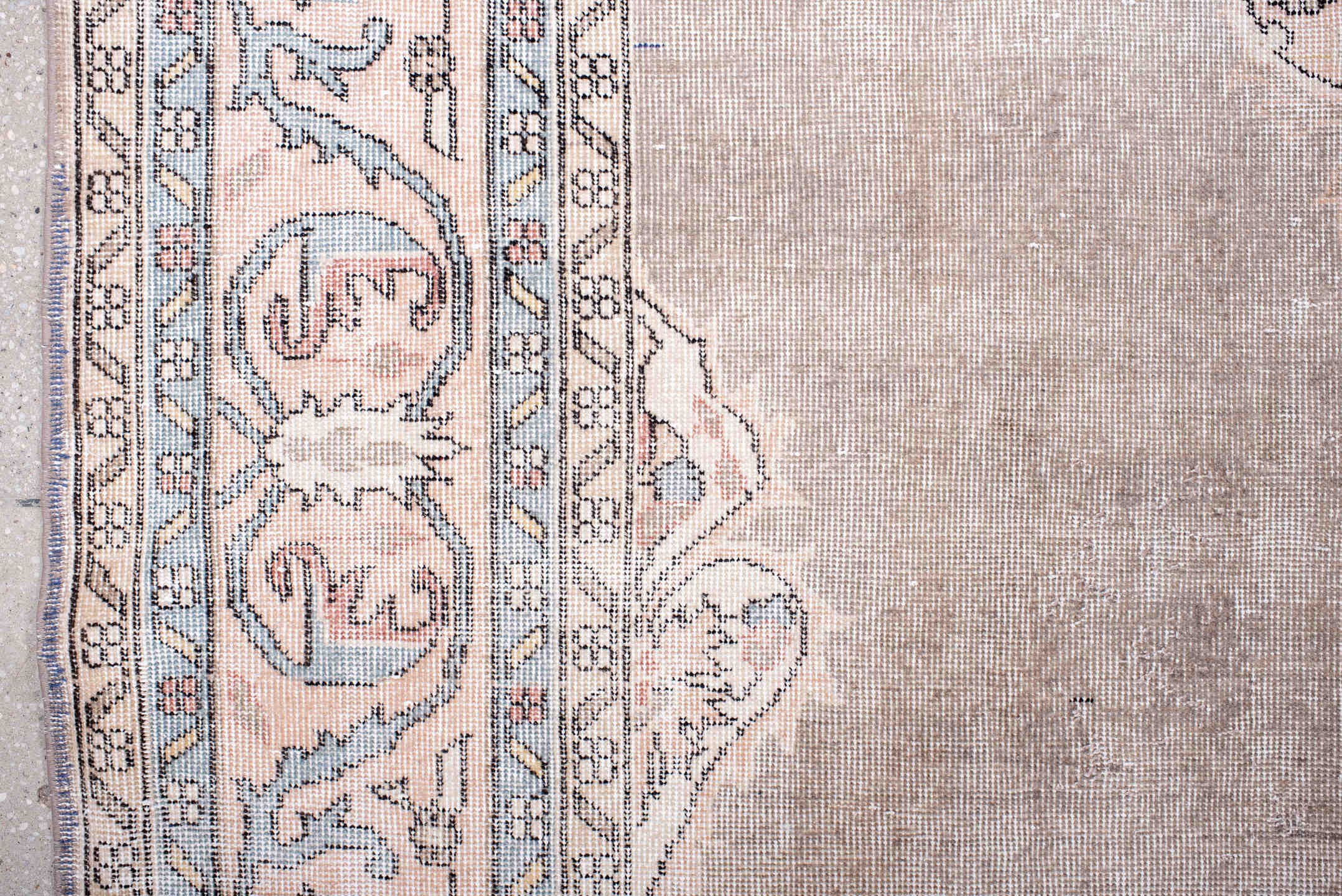 8' x 11' one-of-a-kind handmade vintage Sparta large size rug. Color palette: taupe, ivory, pale blue, blush, sage