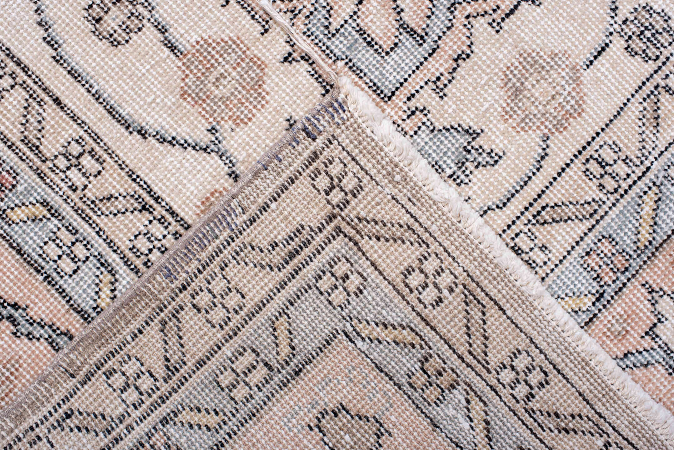 8' x 11' one-of-a-kind handmade vintage Sparta large size rug. Color palette: taupe, ivory, pale blue, blush, sage