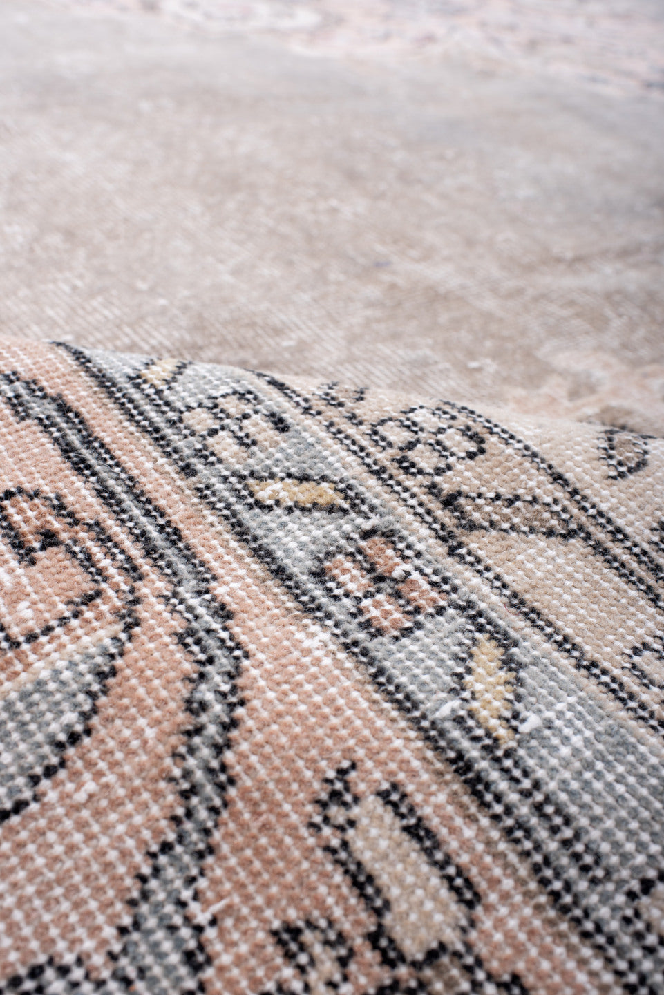8' x 11' one-of-a-kind handmade vintage Sparta large size rug. Color palette: taupe, ivory, pale blue, blush, sage