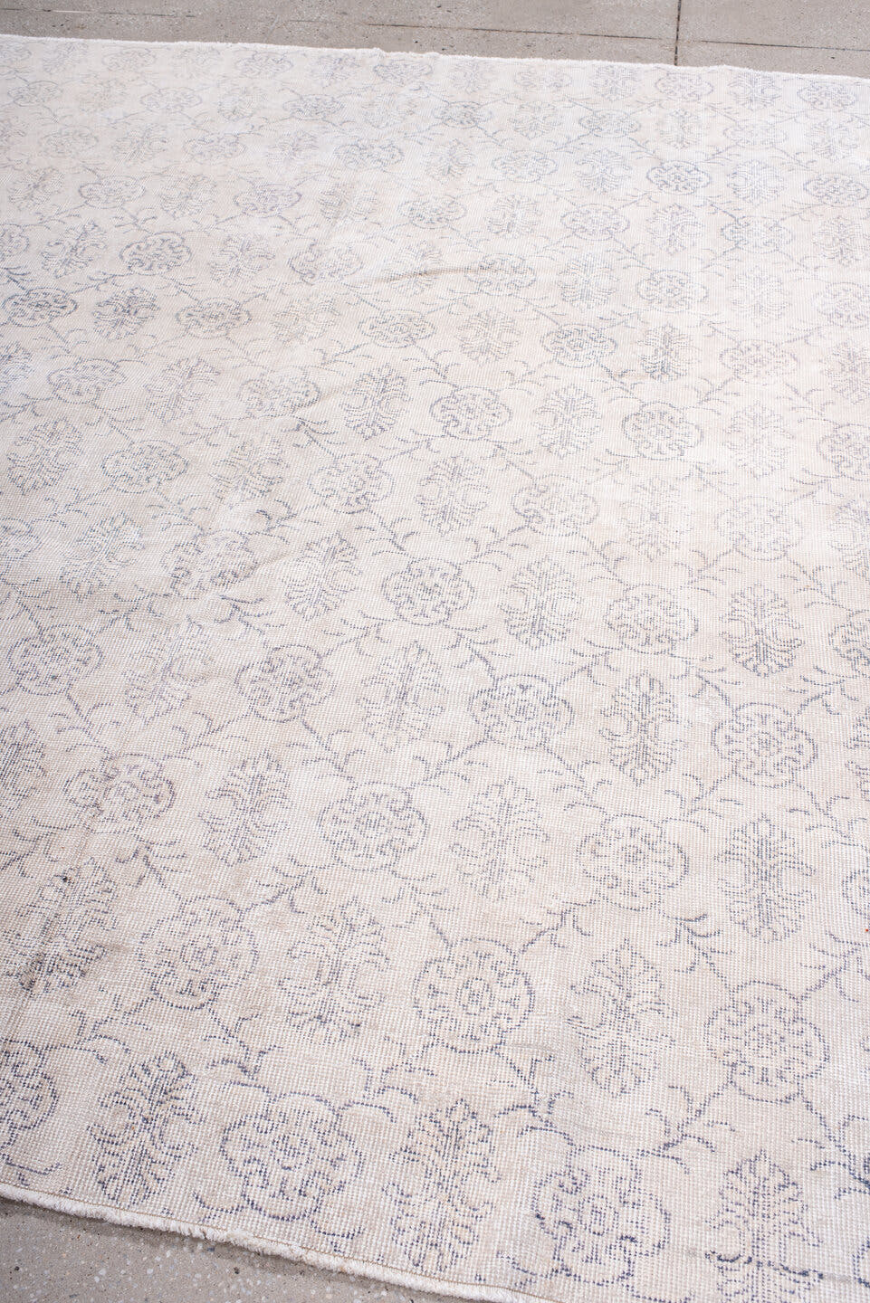 7' x 8' one-of-a-kind handmade vintage Sparta rug. Color palette: ivory, pale blue, light gray, cream, taupe, light blue