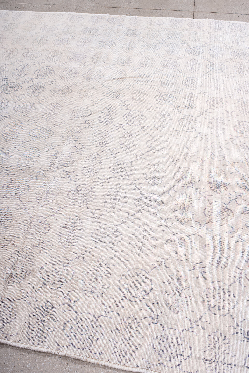 7' x 8' one-of-a-kind handmade vintage Sparta rug. Color palette: ivory, pale blue, light gray, cream, taupe, light blue