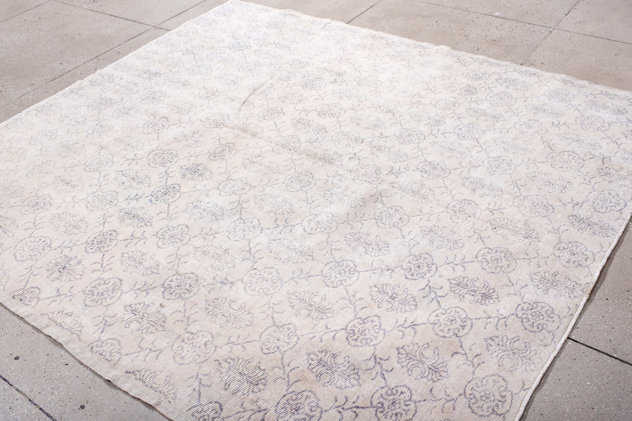 7' x 8' one-of-a-kind handmade vintage Sparta rug. Color palette: ivory, pale blue, light gray, cream, taupe, light blue