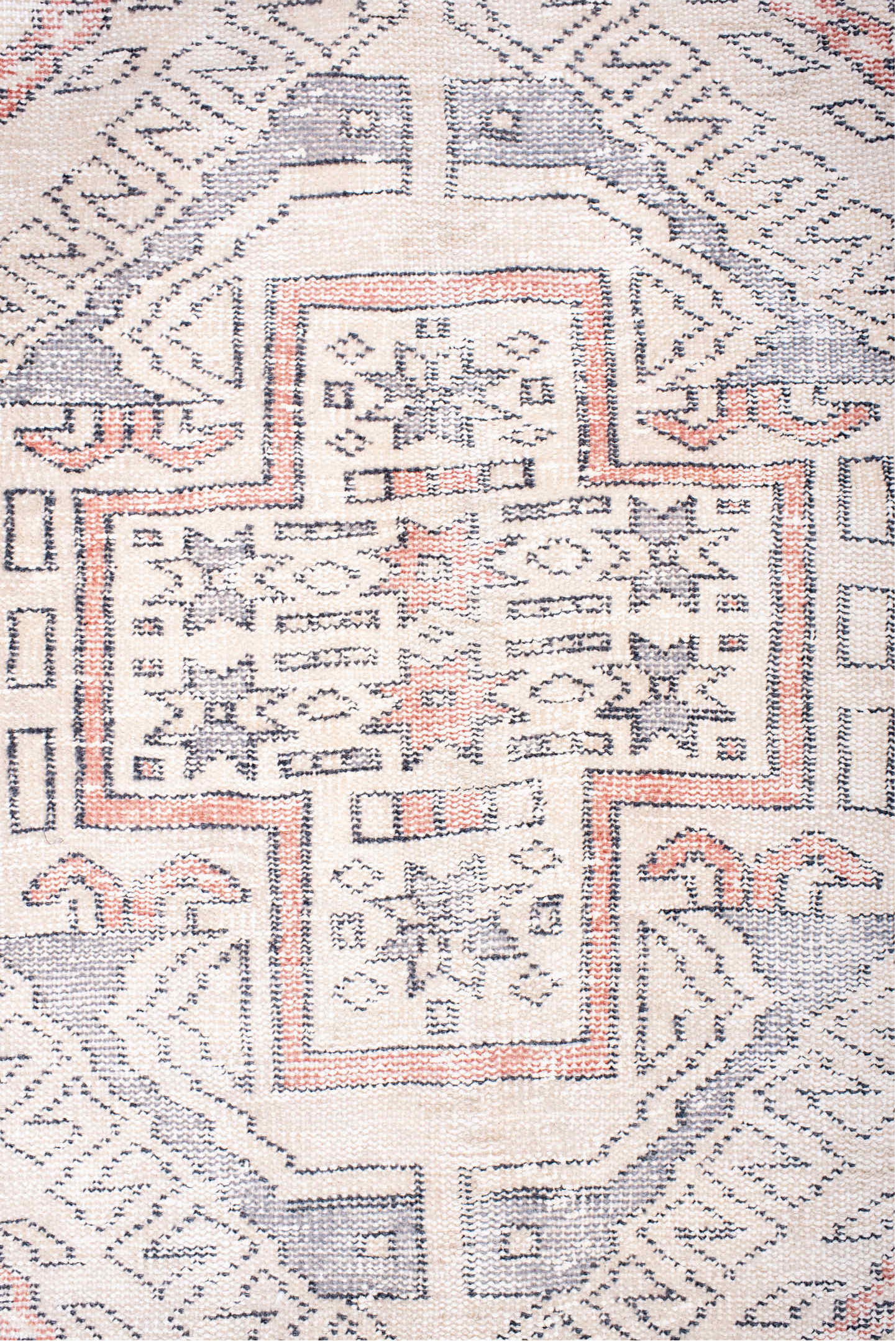 6' x 9' one-of-a-kind handmade vintage Sparta medium size rug. Color palette: rose, ivory, slate, blush, taupe, pink, red