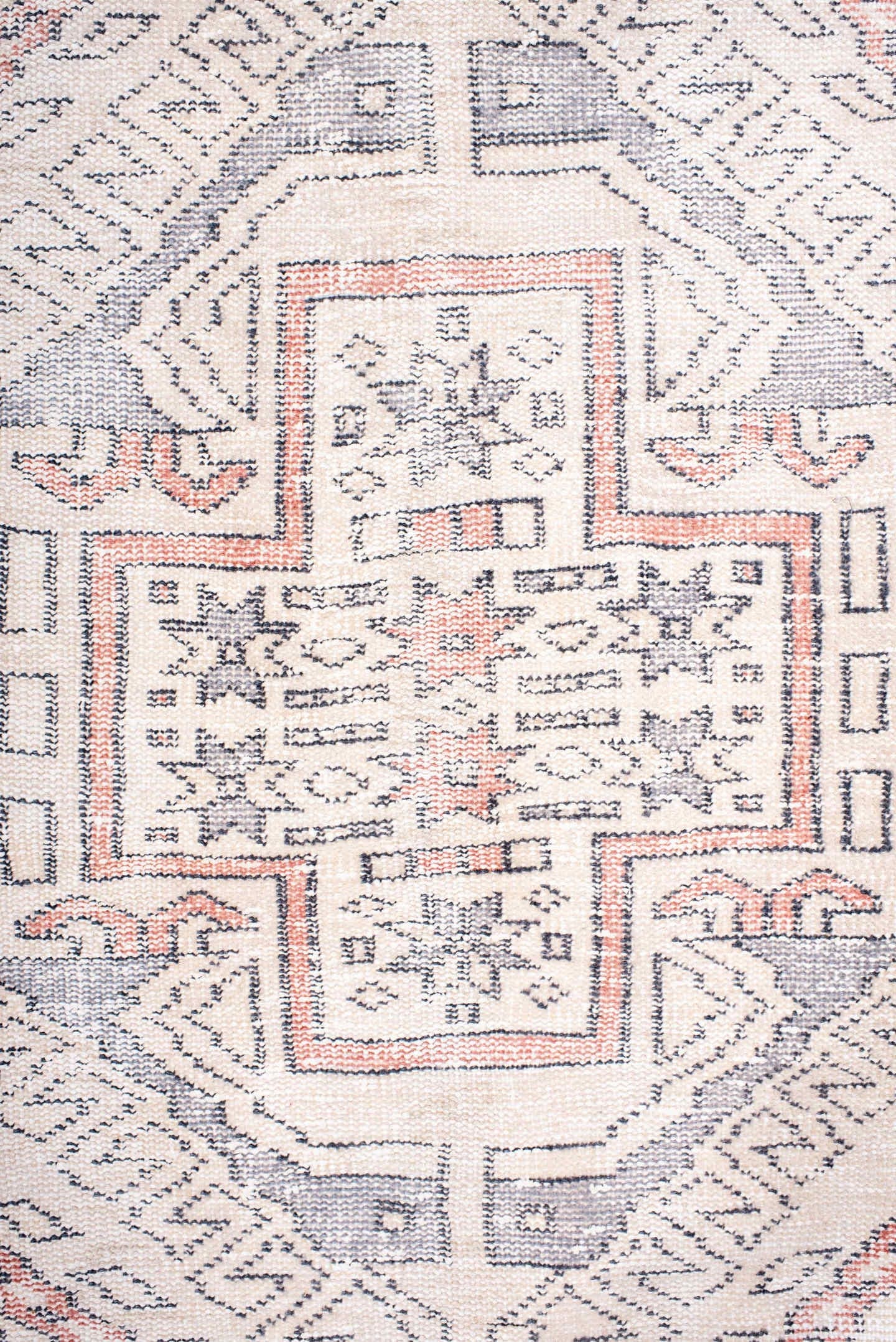 6' x 9' one-of-a-kind handmade vintage Sparta medium size rug. Color palette: rose, ivory, slate, blush, taupe, pink, red