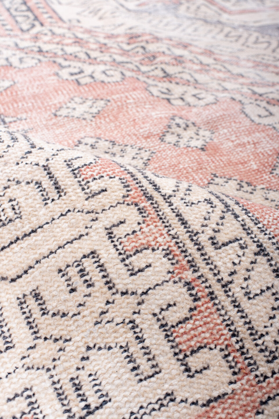 6' x 9' one-of-a-kind handmade vintage Sparta medium size rug. Color palette: rose, ivory, slate, blush, taupe, pink, red