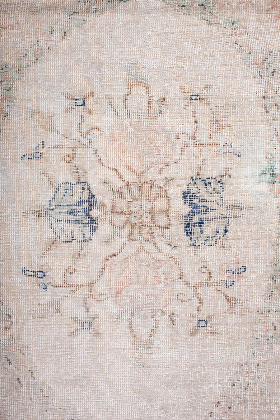 7' x 9' one-of-a-kind handmade vintage Sparta rug. Color palette: blush, ivory, pale blue, taupe, cream, pink, light blue