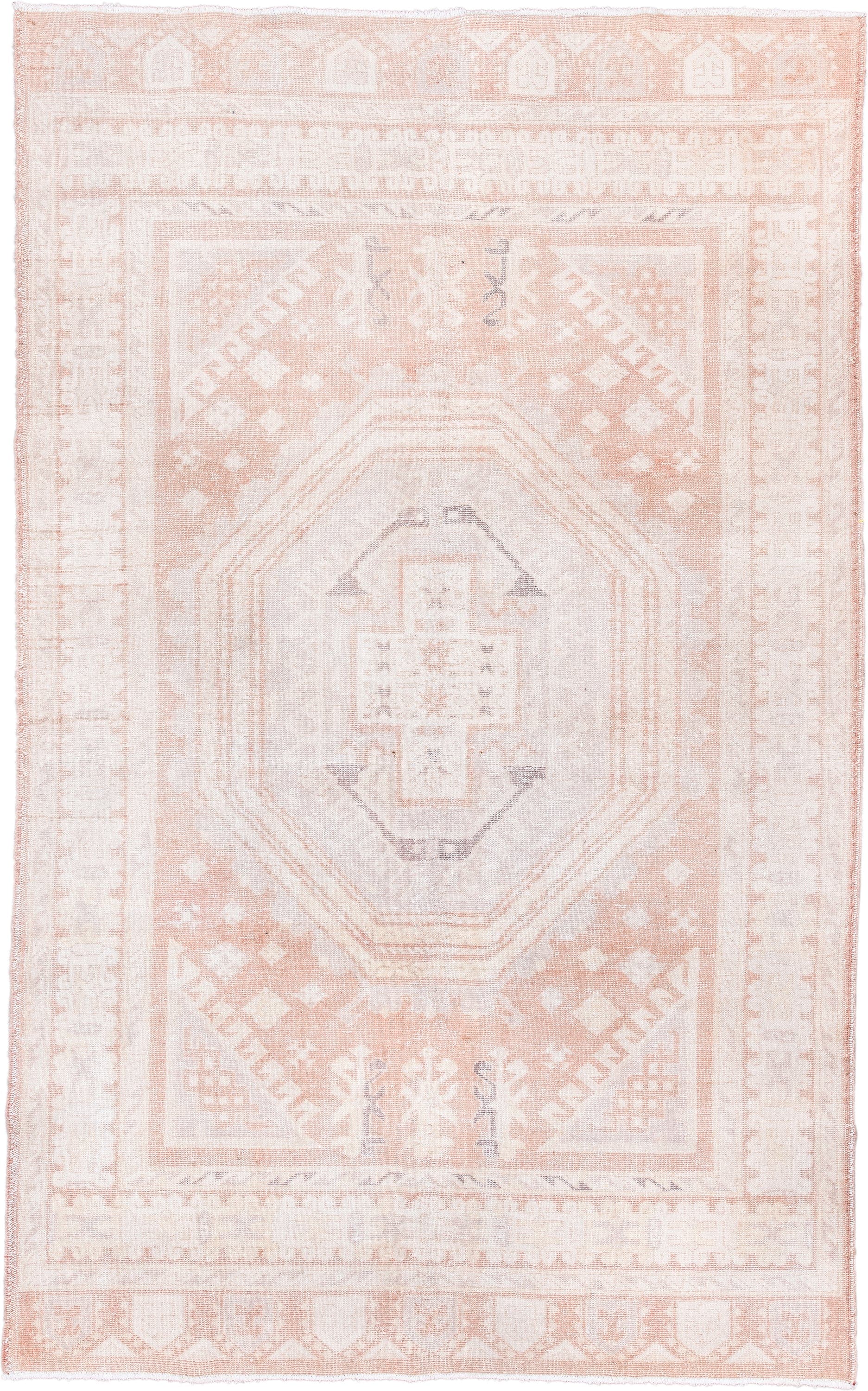 6' x 10' one-of-a-kind handmade vintage Sparta large size rug. Color palette: ivory, blush, peach, taupe, pale gray, pink