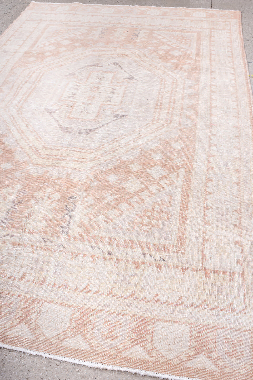 6' x 10' one-of-a-kind handmade vintage Sparta large size rug. Color palette: ivory, blush, peach, taupe, pale gray, pink