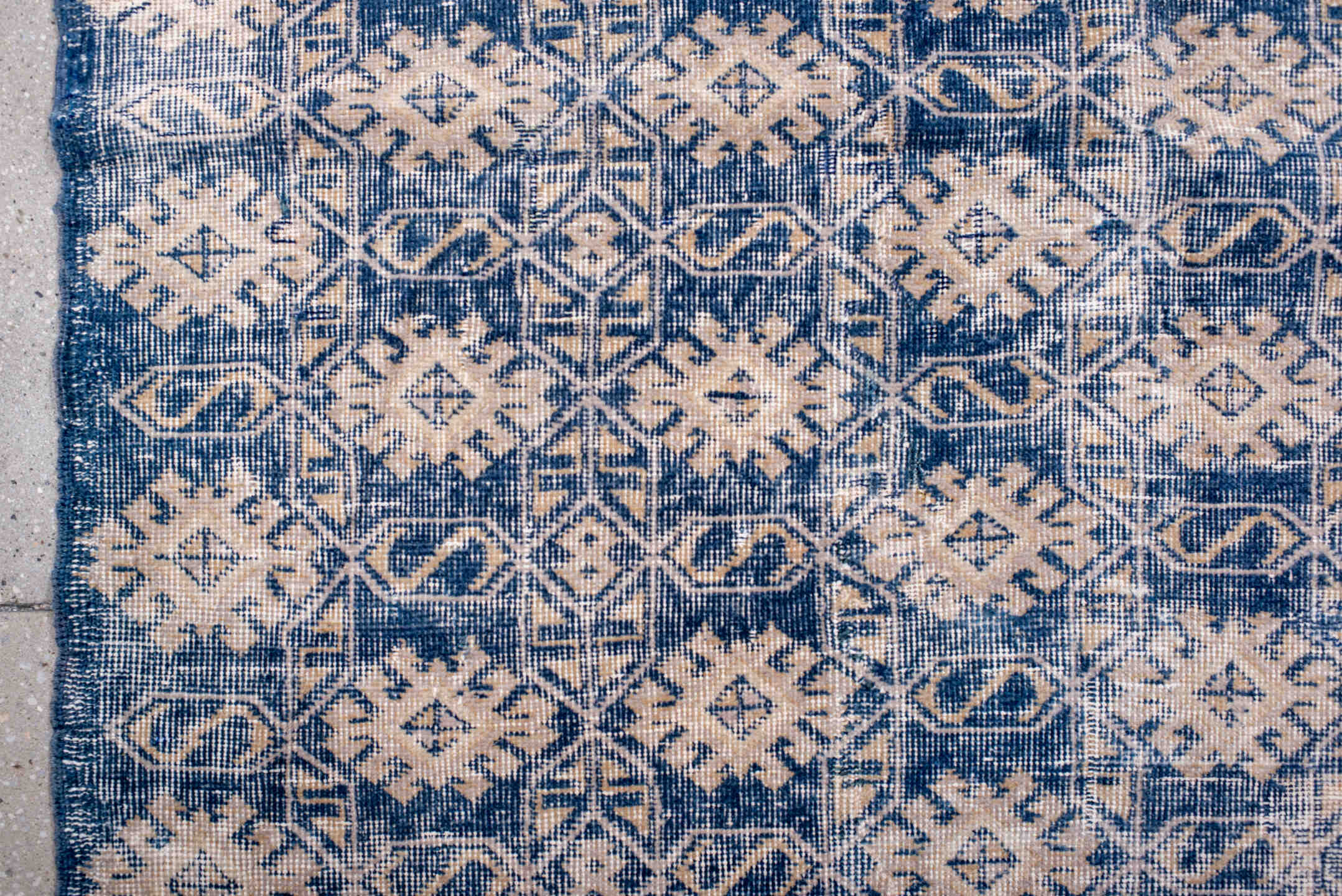 4' x 6' one-of-a-kind handmade vintage Sparta small size rug. Color palette: indigo, ivory, denim, slate, purple, blue, gray