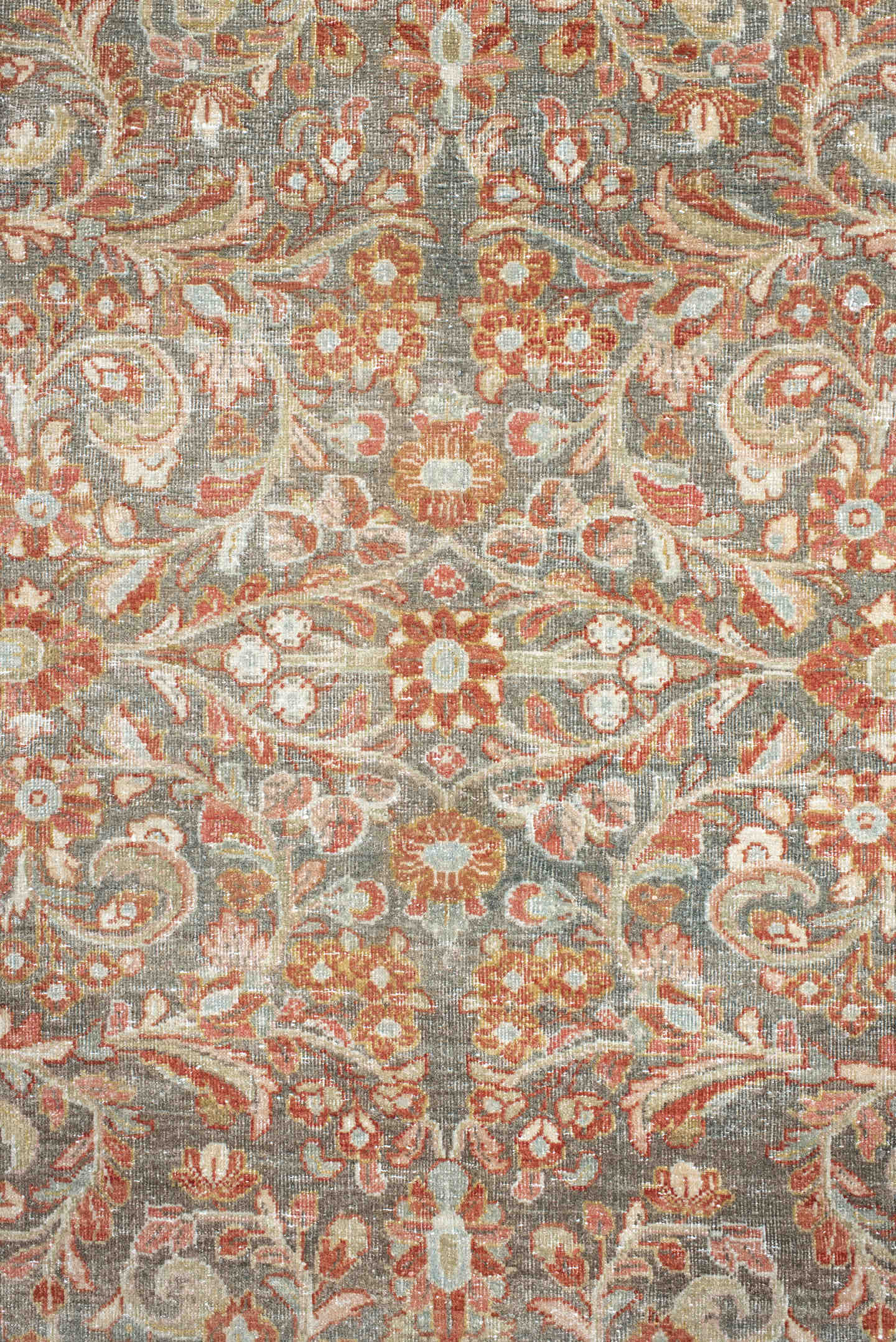 13' x 13' one-of-a-kind handmade antique Sarouk oversize rug. Color palette: gray, ivory, rust, taupe, sage, terra cotta